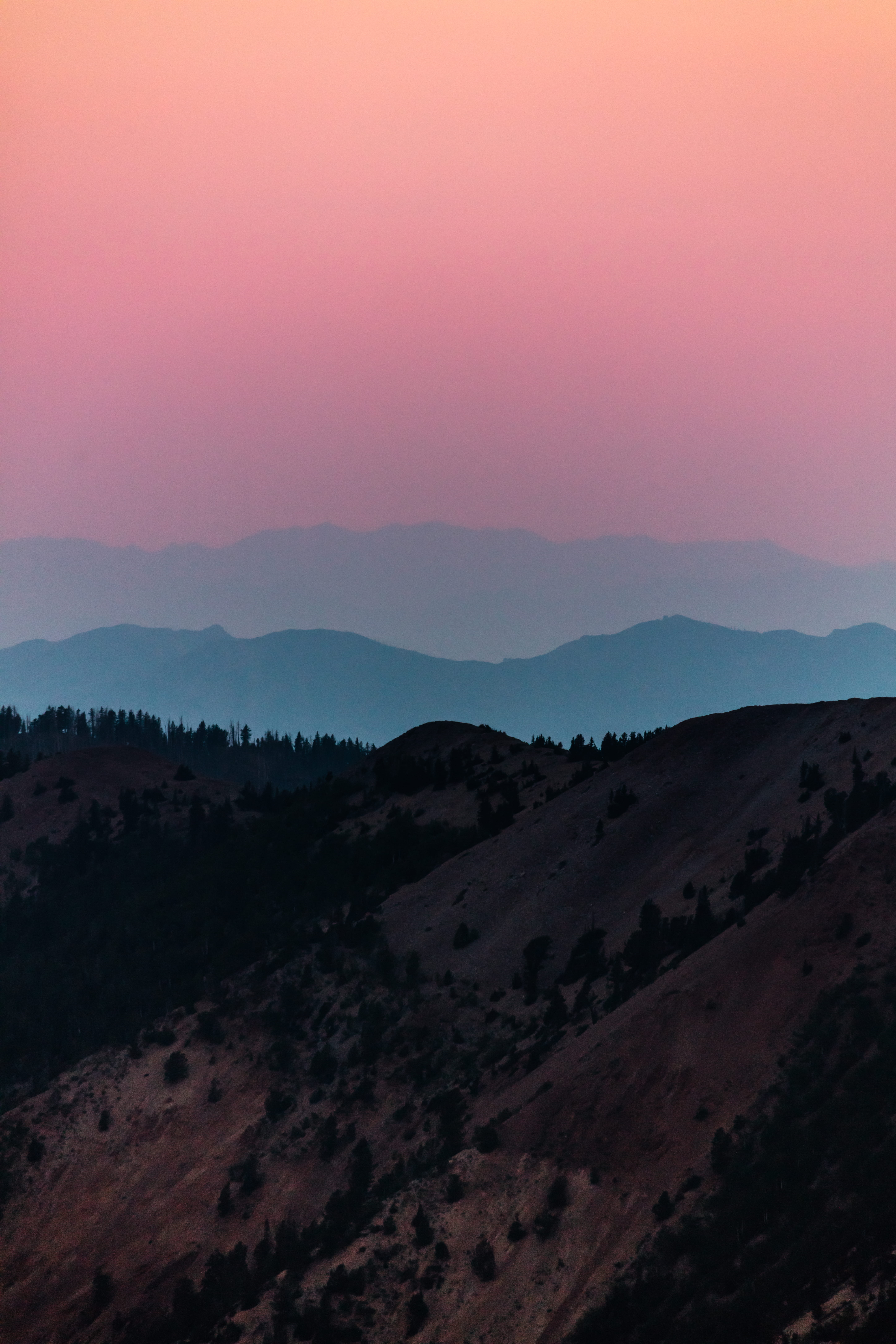 mountain Range, sundown, haze, light - Natural Phenomenon, nature, sunlight, woodland, landscape, peak, summer, mountain Peak, outdoor, tree, dusk, sun, Phone HD Wallpaper