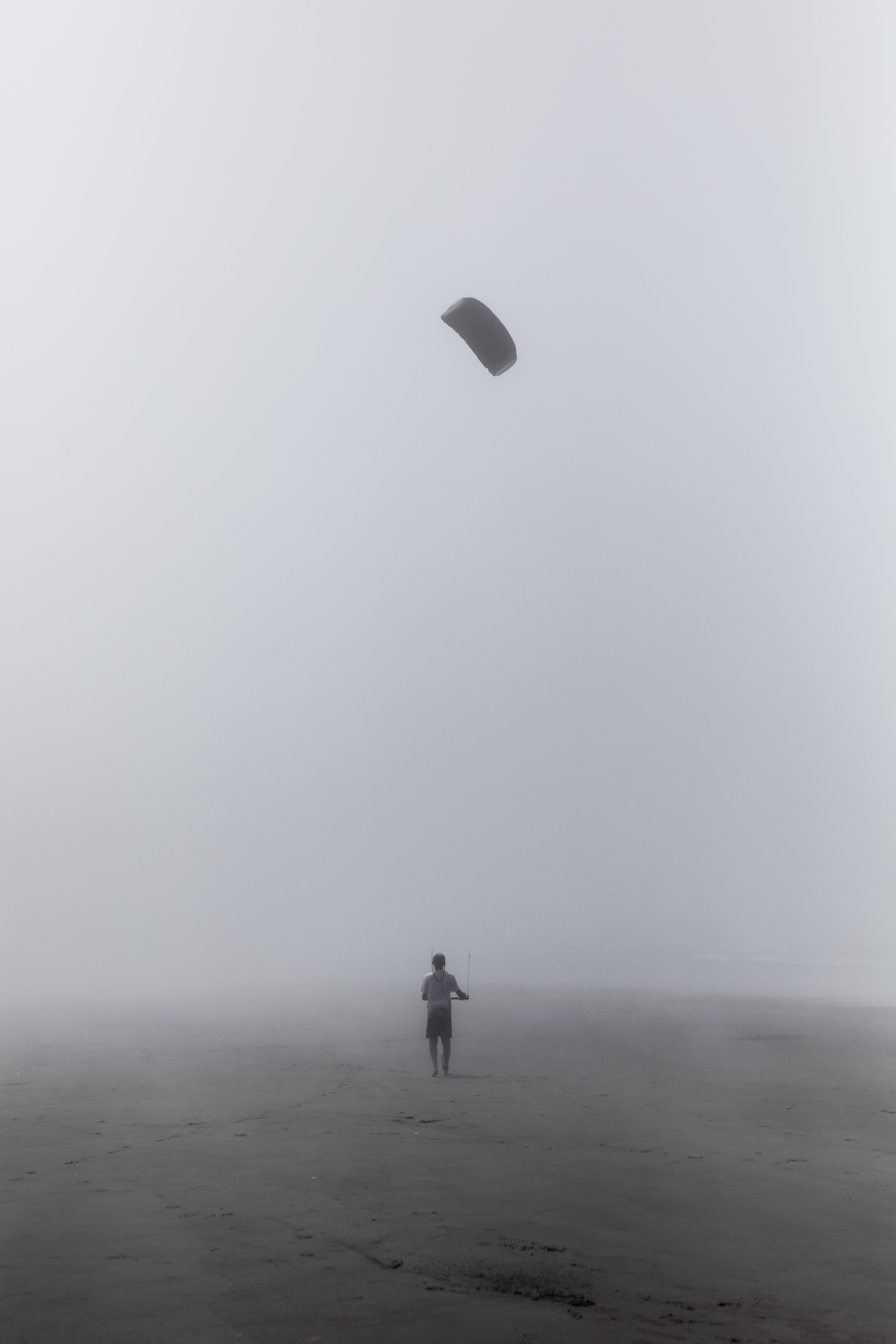 kite, grey, grayscale, foggy, solitude, real people, flight, coast, mist, patrick hendry, unrecognizable person, full length, silhouette, gray, beach, sky, Phone HD Wallpaper