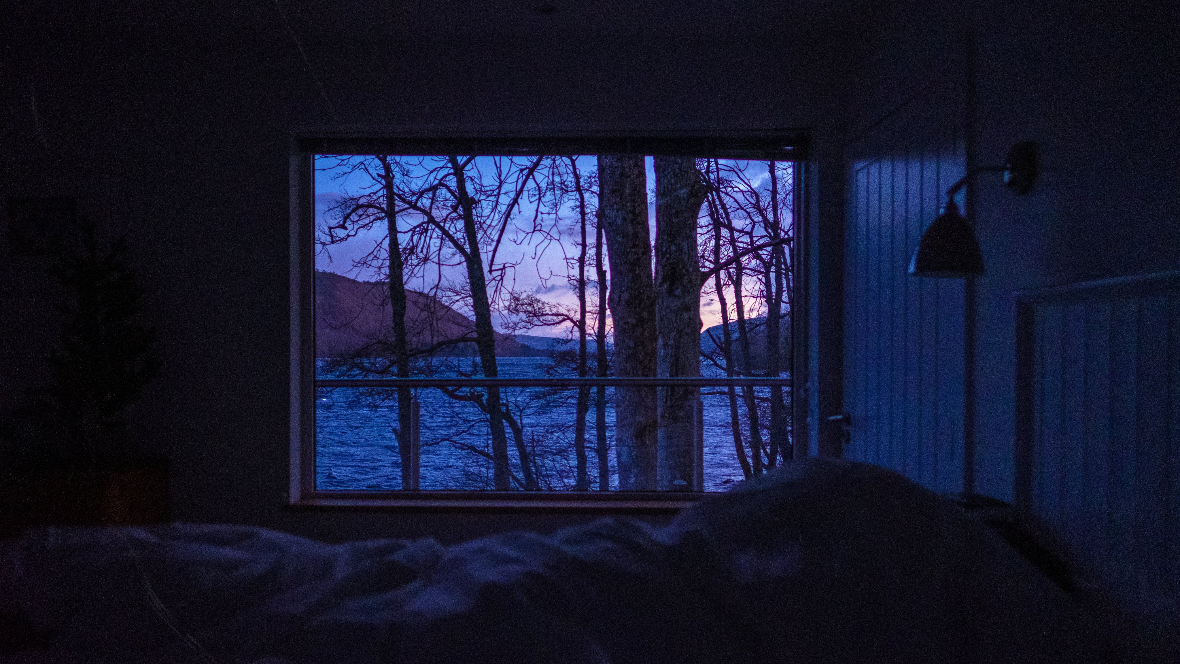 lake, lamp, room, window, 4K, bed, trees, sunset, HD Wallpaper