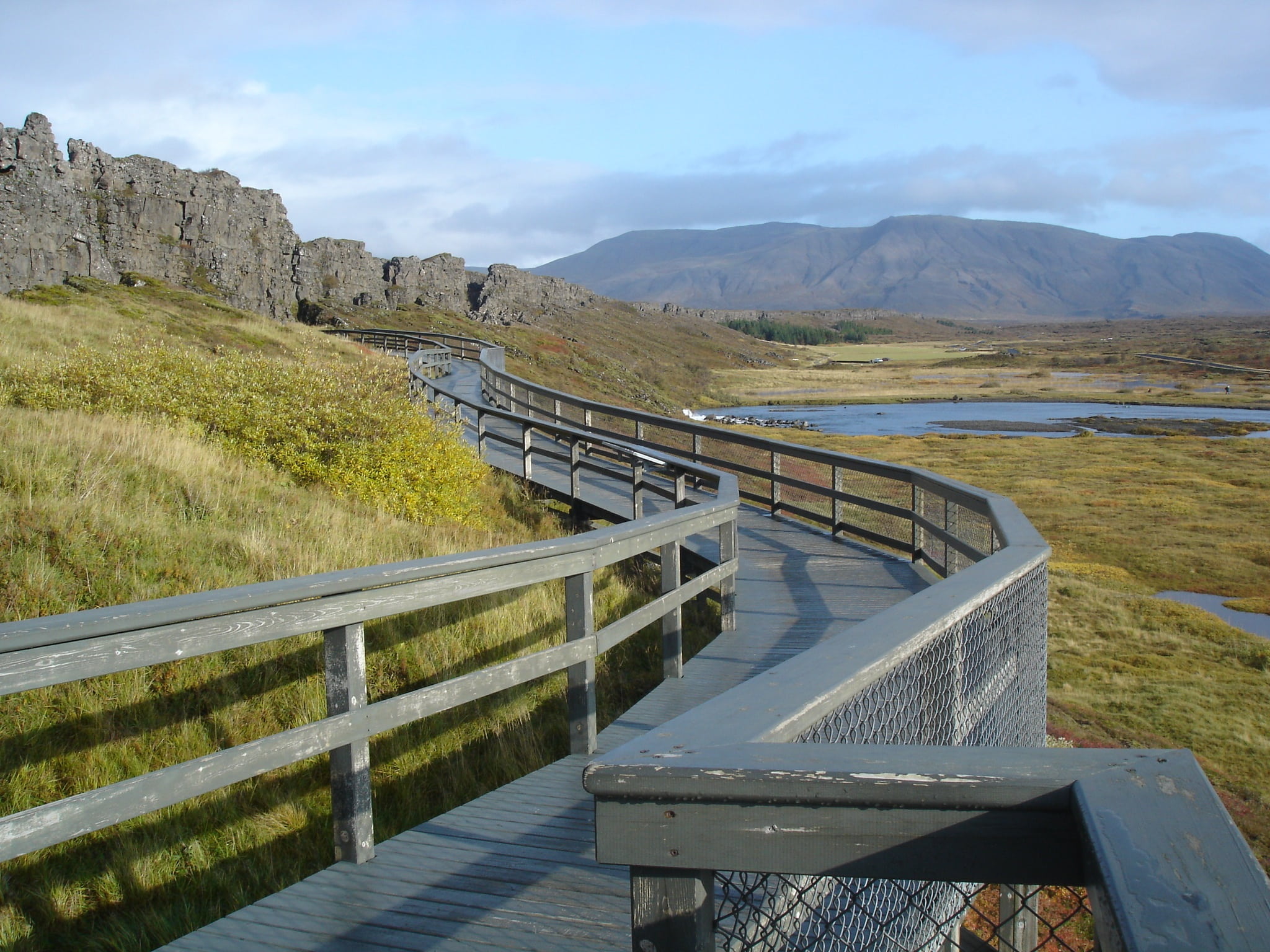 iceland, railing, water, 1080P, outdoors, tectonic plate, environment, cloud - sky, architecture, beauty in nature, nature, tranquility, built structure, HD Wallpaper