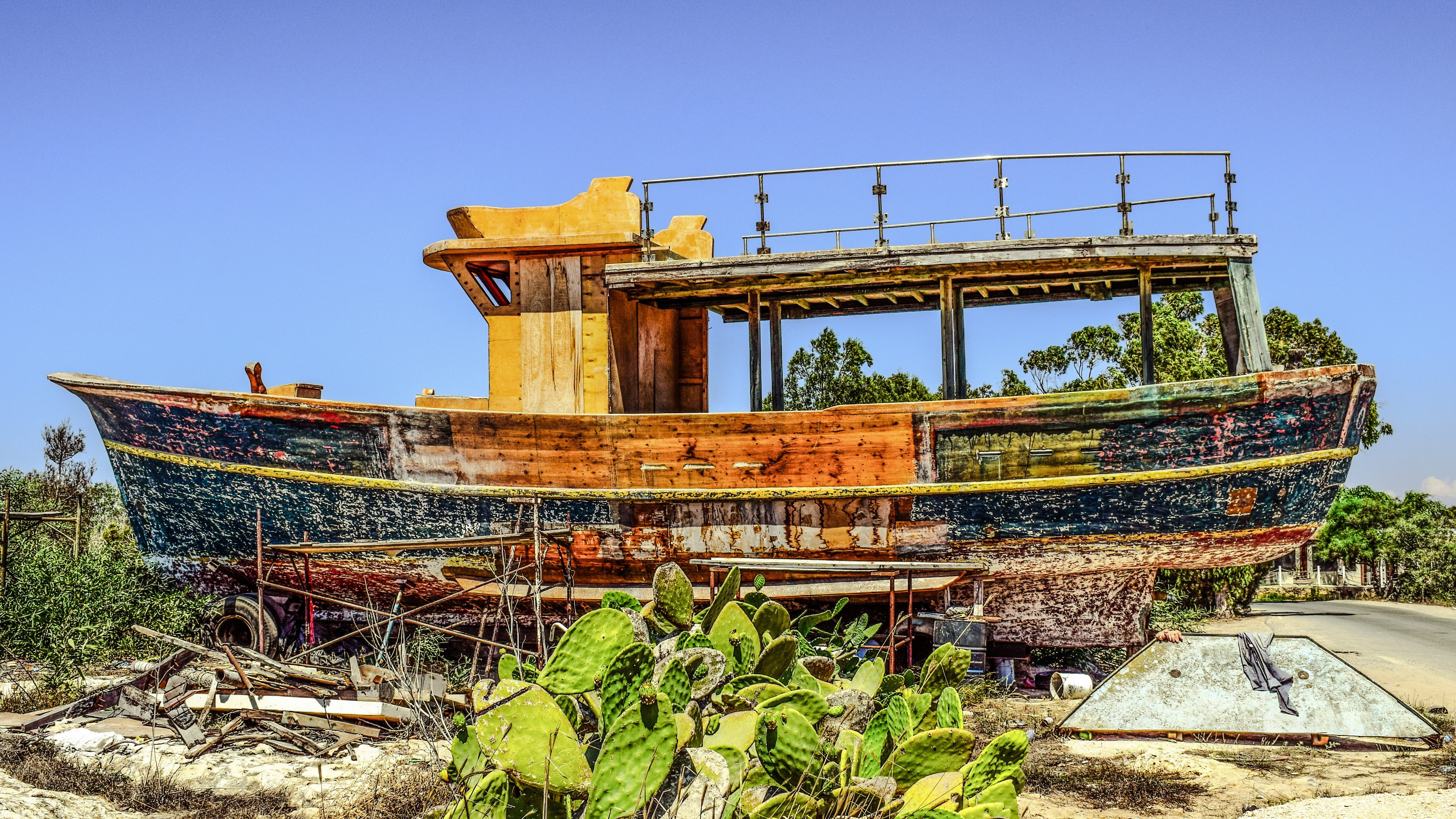 cyprus, outdoors, obsolete, decay, 5K, deterioration, architecture, decline, blue, abandoned, damaged, sky, run-down, boat, broken, ruined, day, rusty, HD Wallpaper