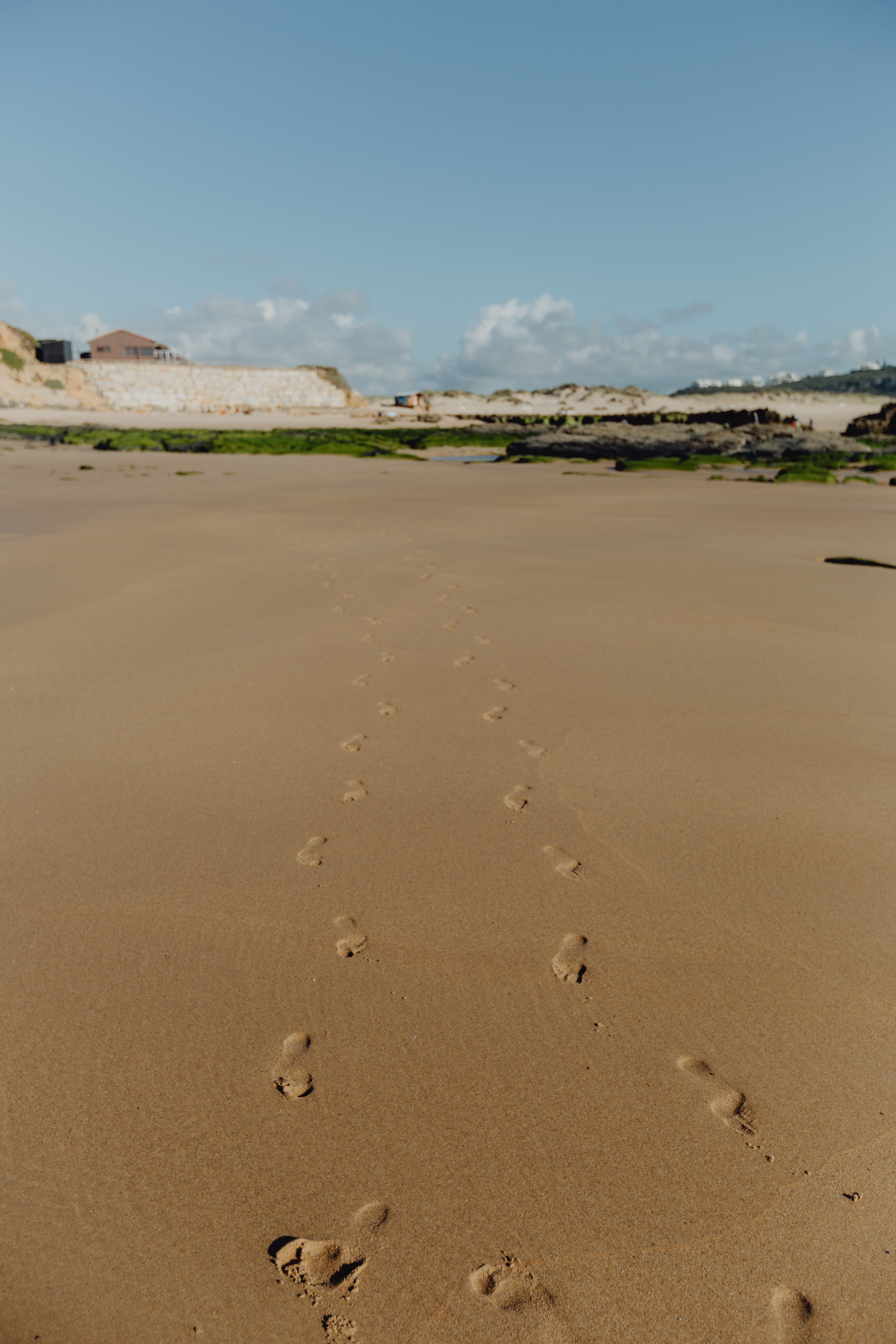 sandy, sand, wet, shore, algarve, footprints, beauty in nature, no people, tranquility, walk, sea, sunlight, Europe, sky, outdoors, portugal, foot, tranquil scene, Phone HD Wallpaper