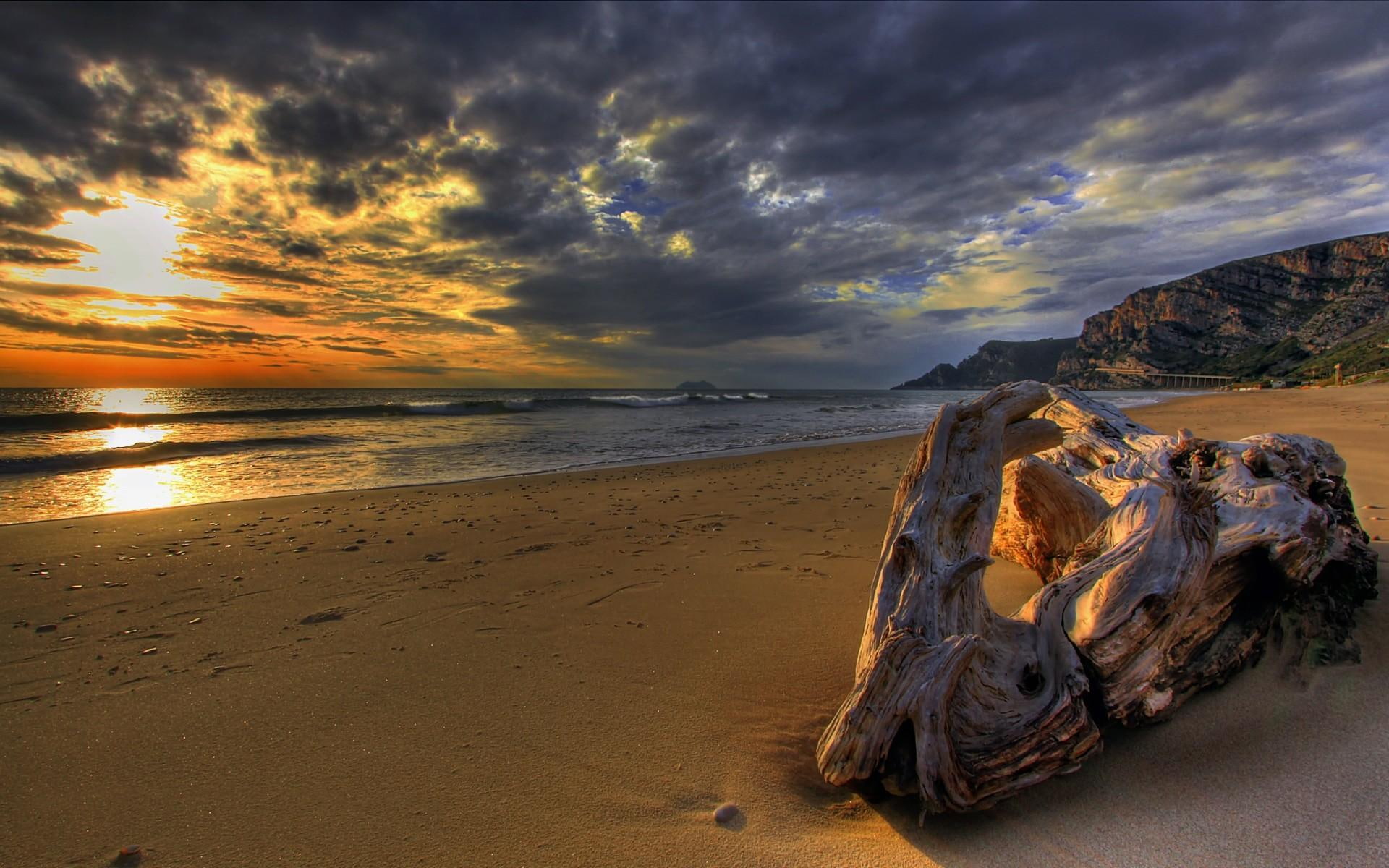 1080P, sunset, nature and landscapes, hdr, driftwood, brown, beach, clouds, HD Wallpaper