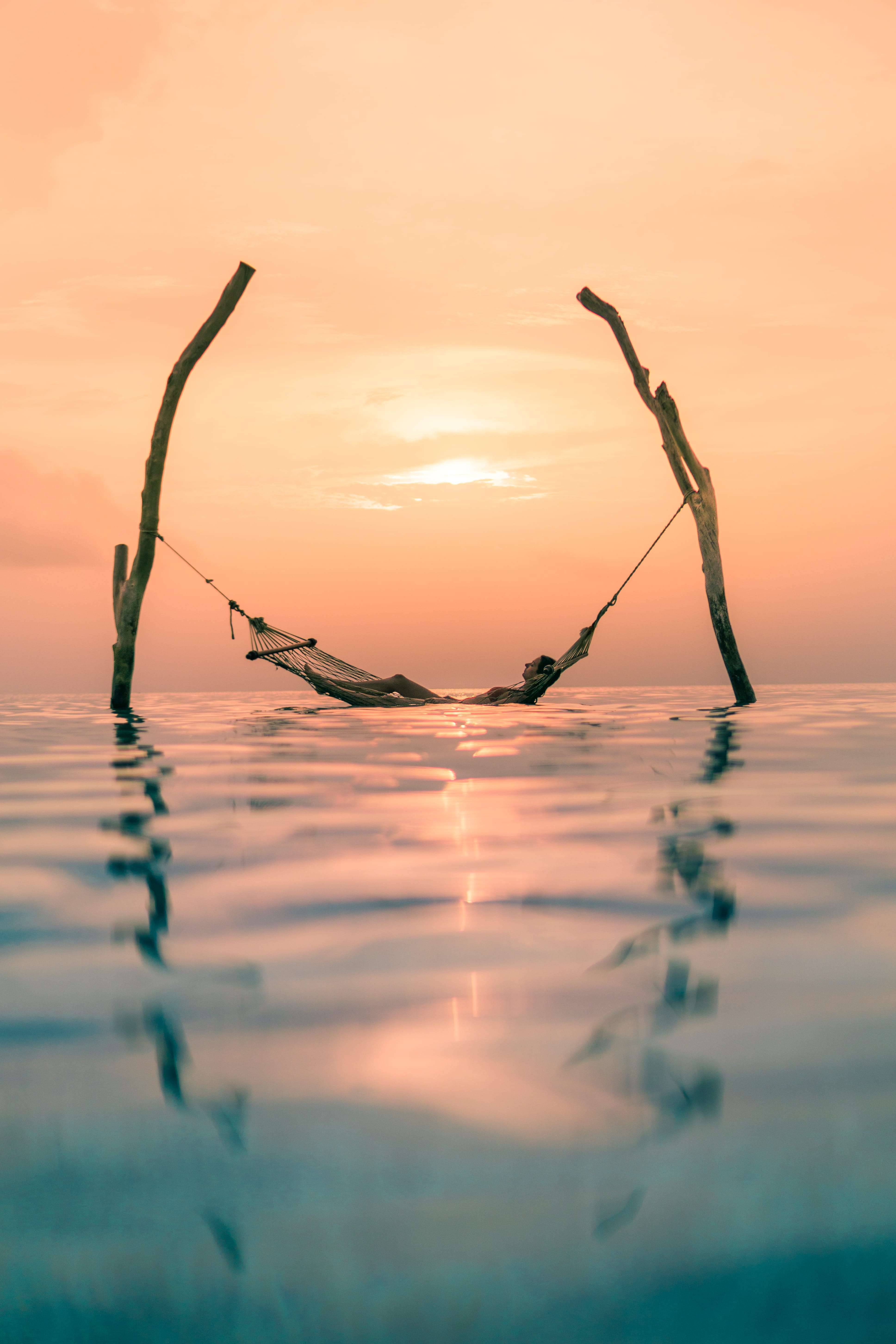 sea, magic, sun, orange color, summer, sky, hammock, hanging, 5K, land, person, paradise, scenics - nature, idyllic, water, outdoors, sunrise, calm, ocean, Phone HD Wallpaper