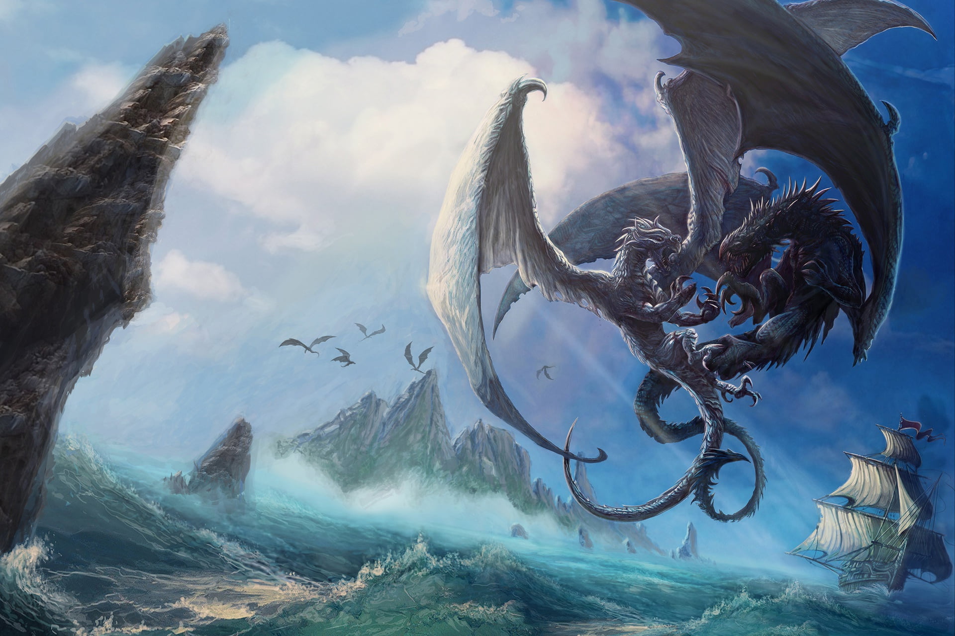 sailing ship, fantasy art, artwork, sea, dragon, 1080P, creature, HD Wallpaper