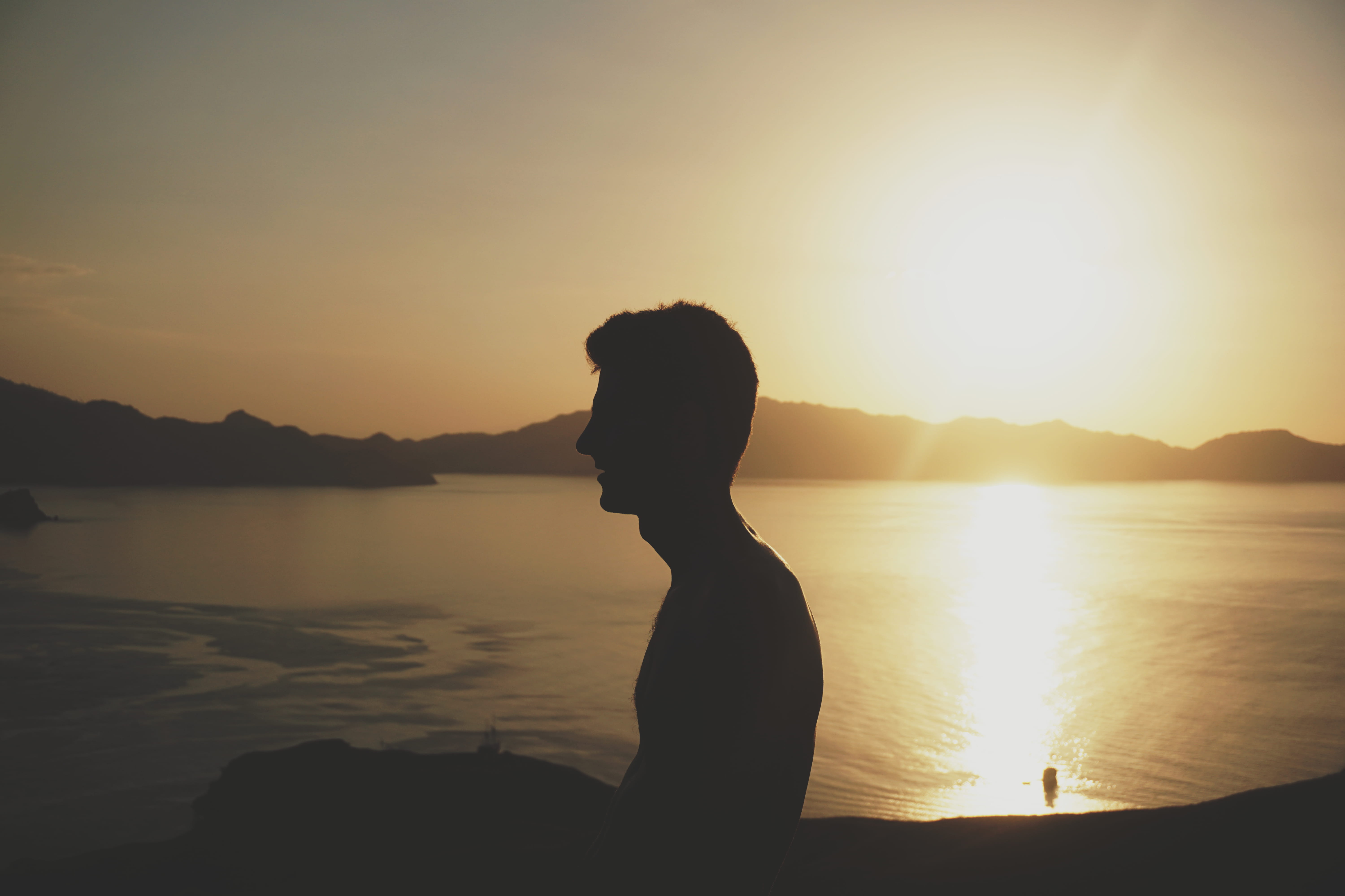 silhouette, red sky, mountain, tranquility, leisure activity, sunrise, ocean, sky, outdoors, 5K, one person, beach, orange color, indonesia, vision, beauty in nature, HD Wallpaper