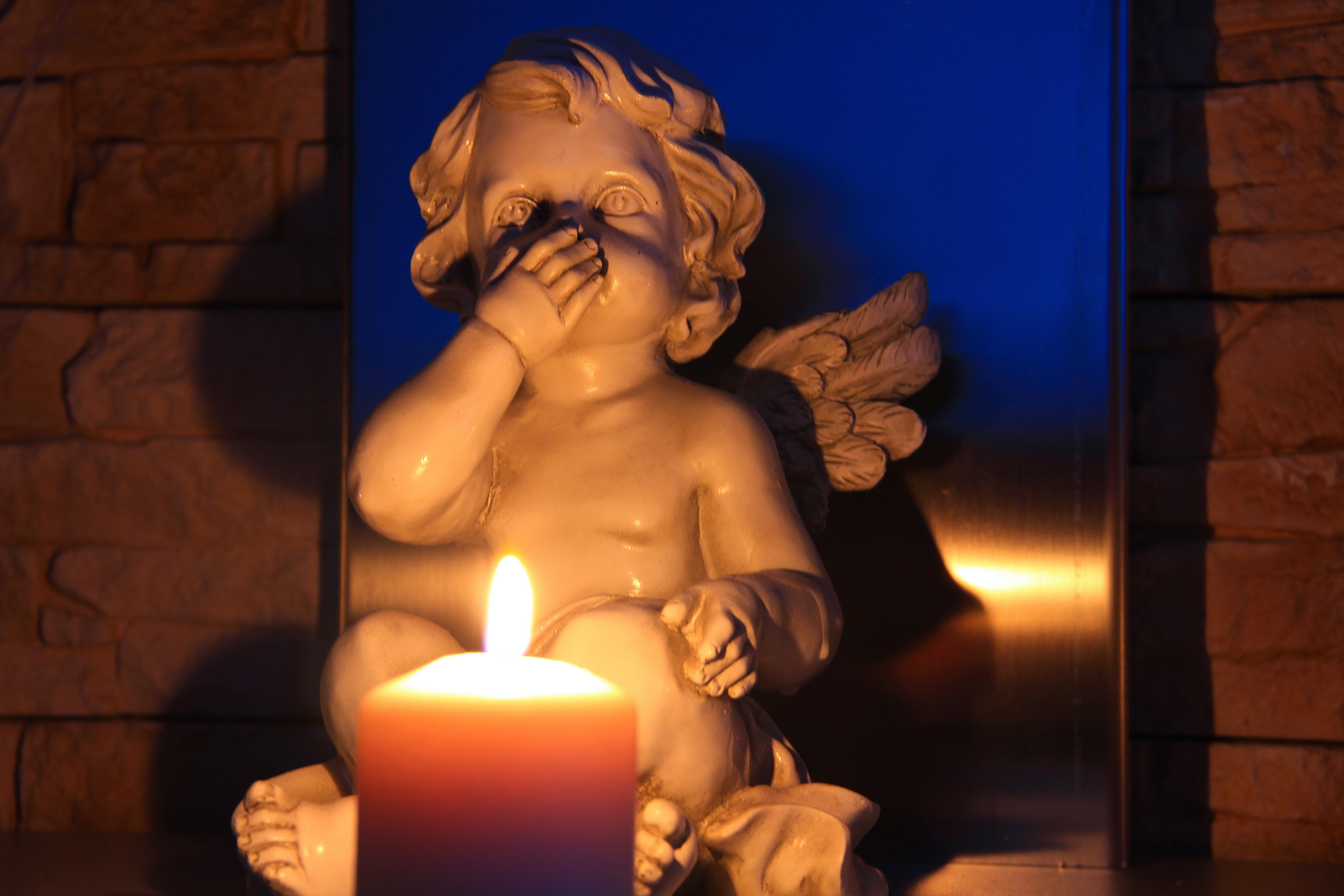 brick, spirituality, belief, indoors, statue, no people, fire, i do not speak evil, religion, angel, flame, illuminated, 5K, nature, art and craft, human representation, HD Wallpaper