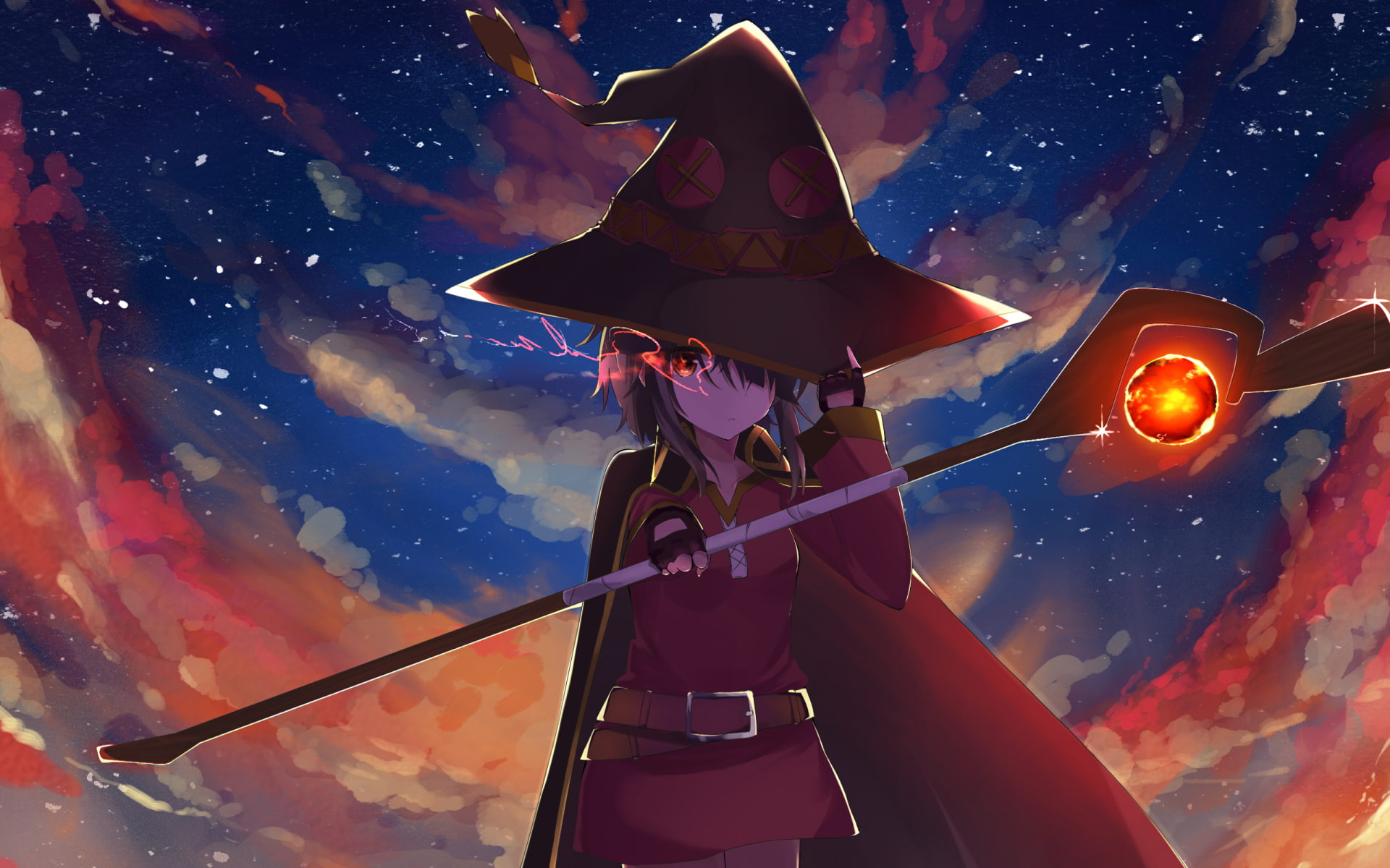 hat, red eyes, Megumin, anime, wizard, anime girls, staff, Kono Subarashii Sekai ni Shukufuku wo!, 1080P, HD Wallpaper