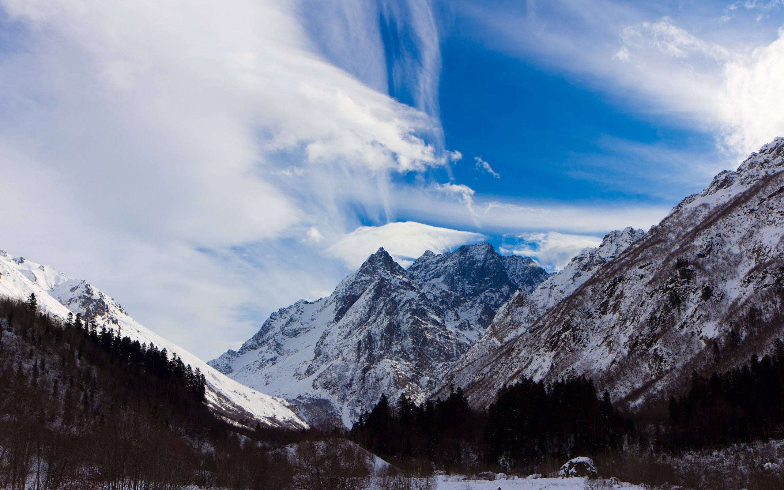 tops, mountains, contrast, lungs, blue, 2K, clouds, snow-covered, greatness, sky, HD Wallpaper