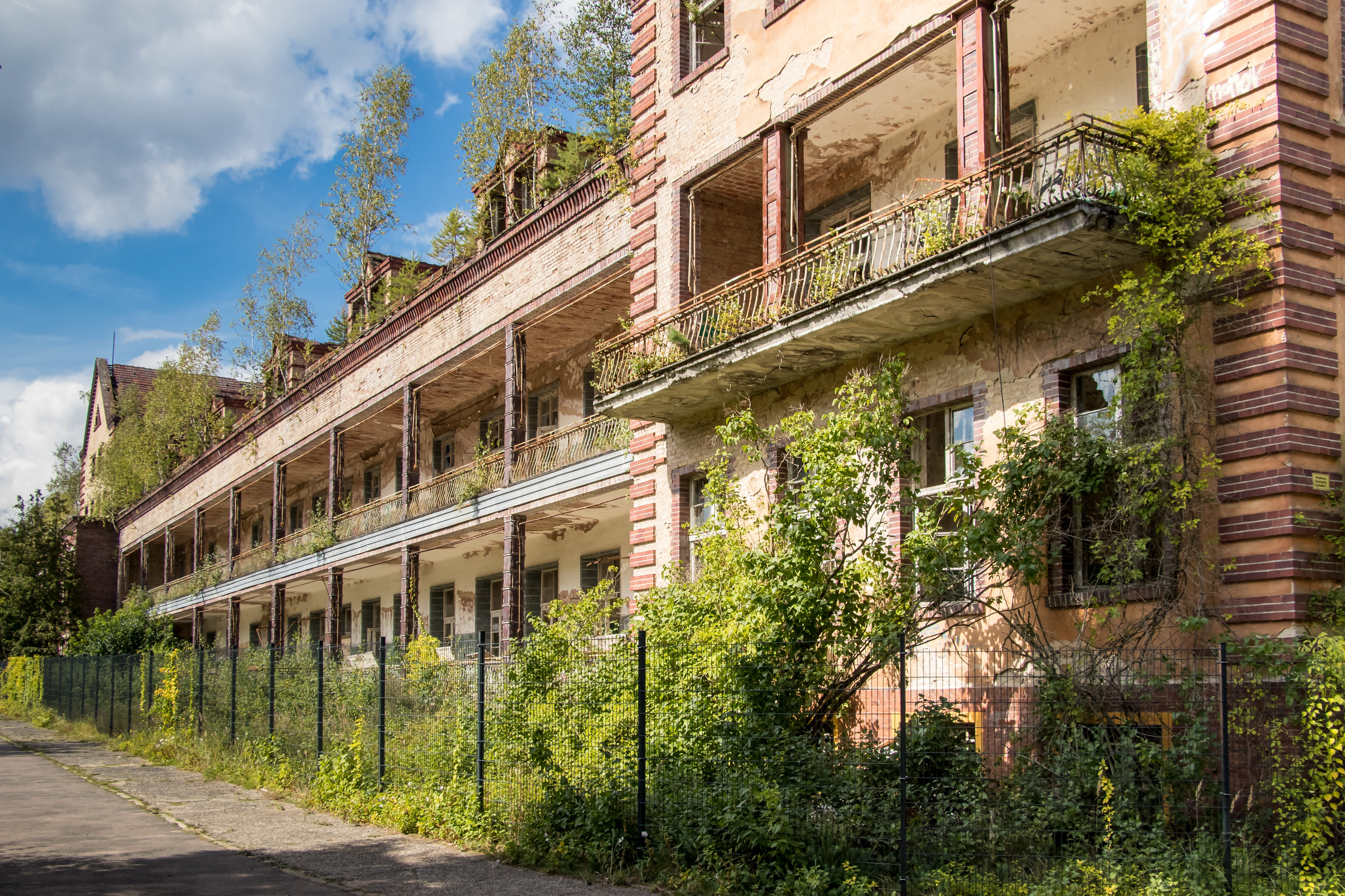 sky, building exterior, plant, old, hospital, architecture, window, cloud - sky, abandoned places, building, the past, beelitz, built structure, nature, HD Wallpaper