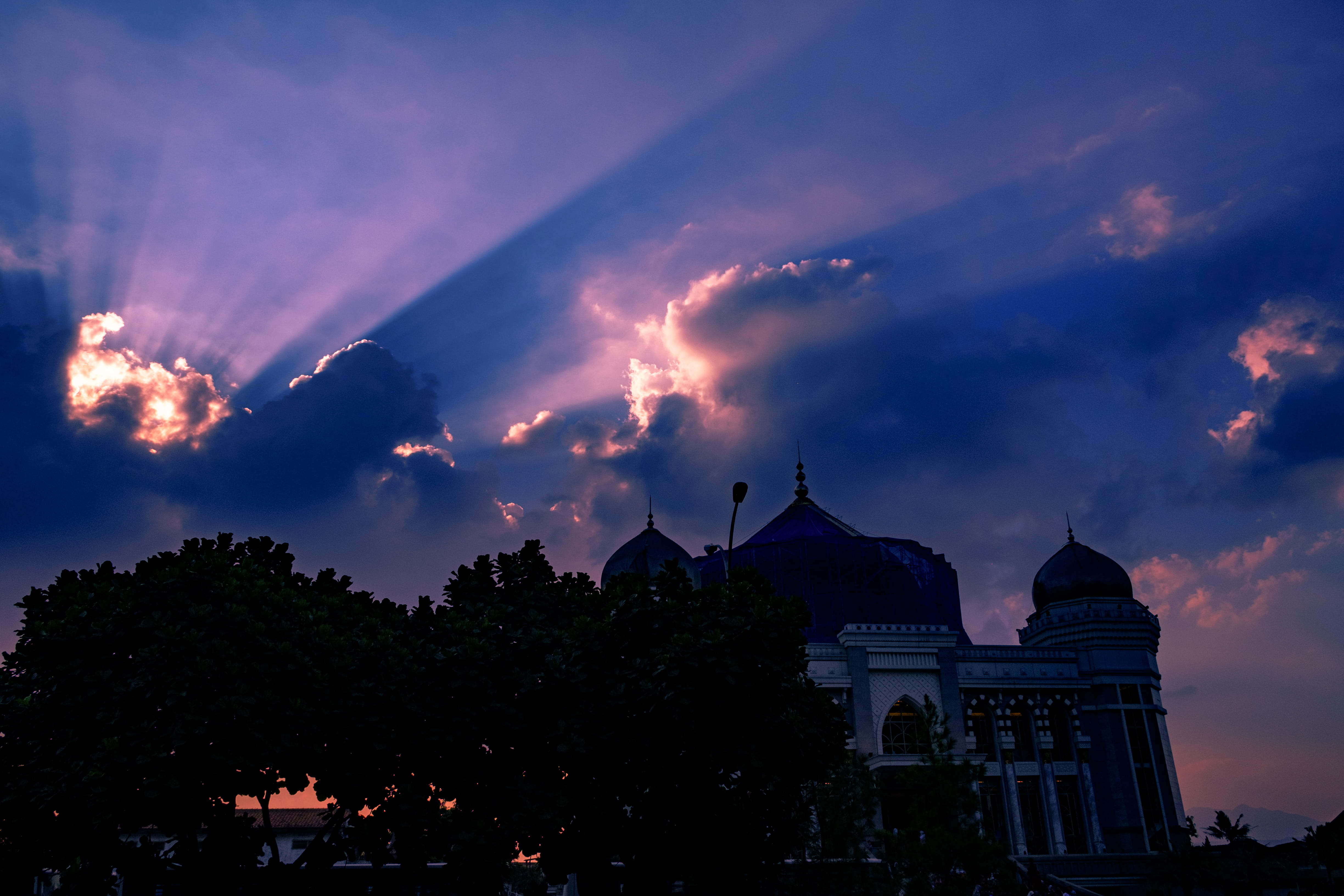 outdoors, the past, mosque, building exterior, red, religion, yellow, black, building, travel destinations, 4K, nature, sky, spire, belief, dark, tree, HD Wallpaper