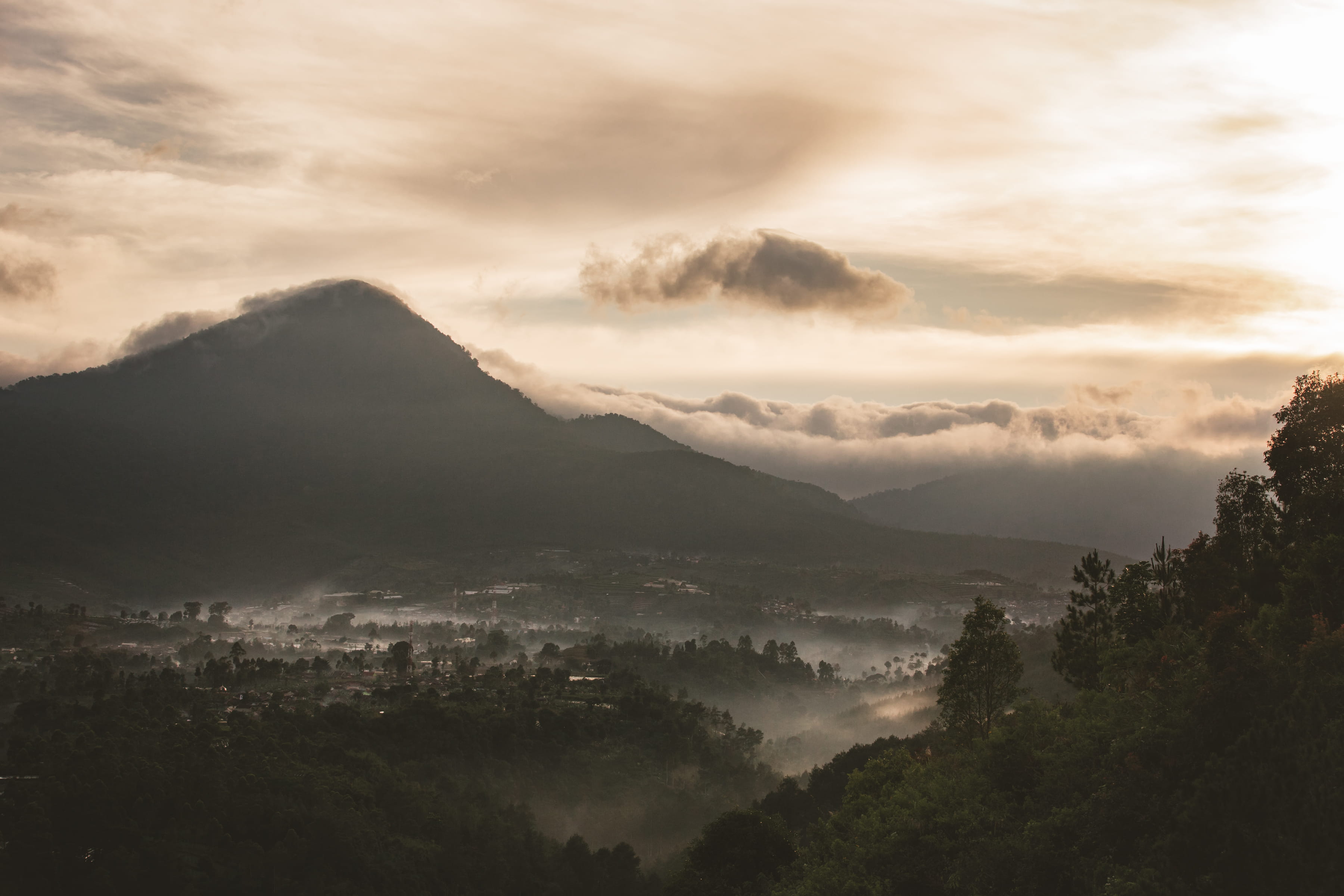 fog, cloud, tranquil scene, tranquility, mountain range, scenics - nature, sky, environment, no people, indonesia, 2K, trees, landscape, outdoors, nature, HD Wallpaper