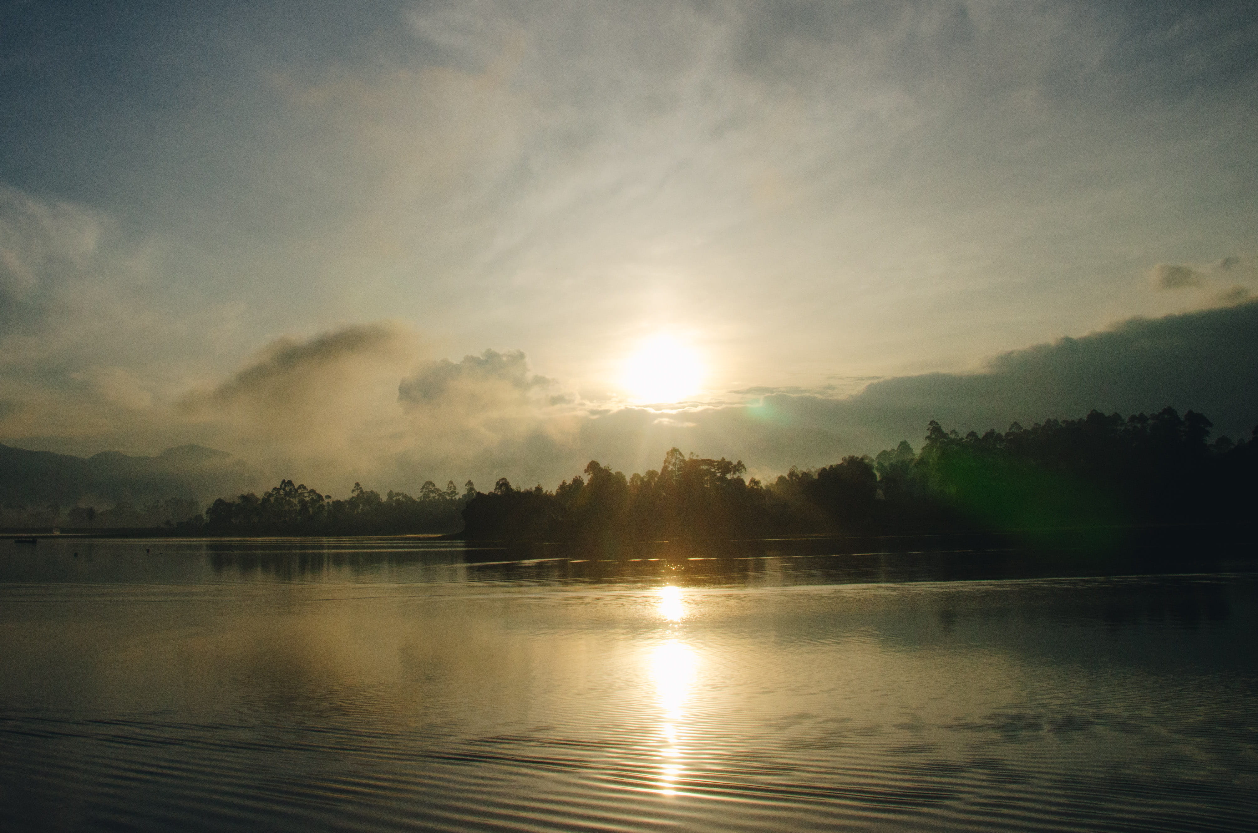 water, light, sunlight, ripple, nature, tranquil scene, situ cileunca, plant, outdoors, bandung, indonesia, red sky, tranquility, dusk, flare, tree, landscape, HD Wallpaper