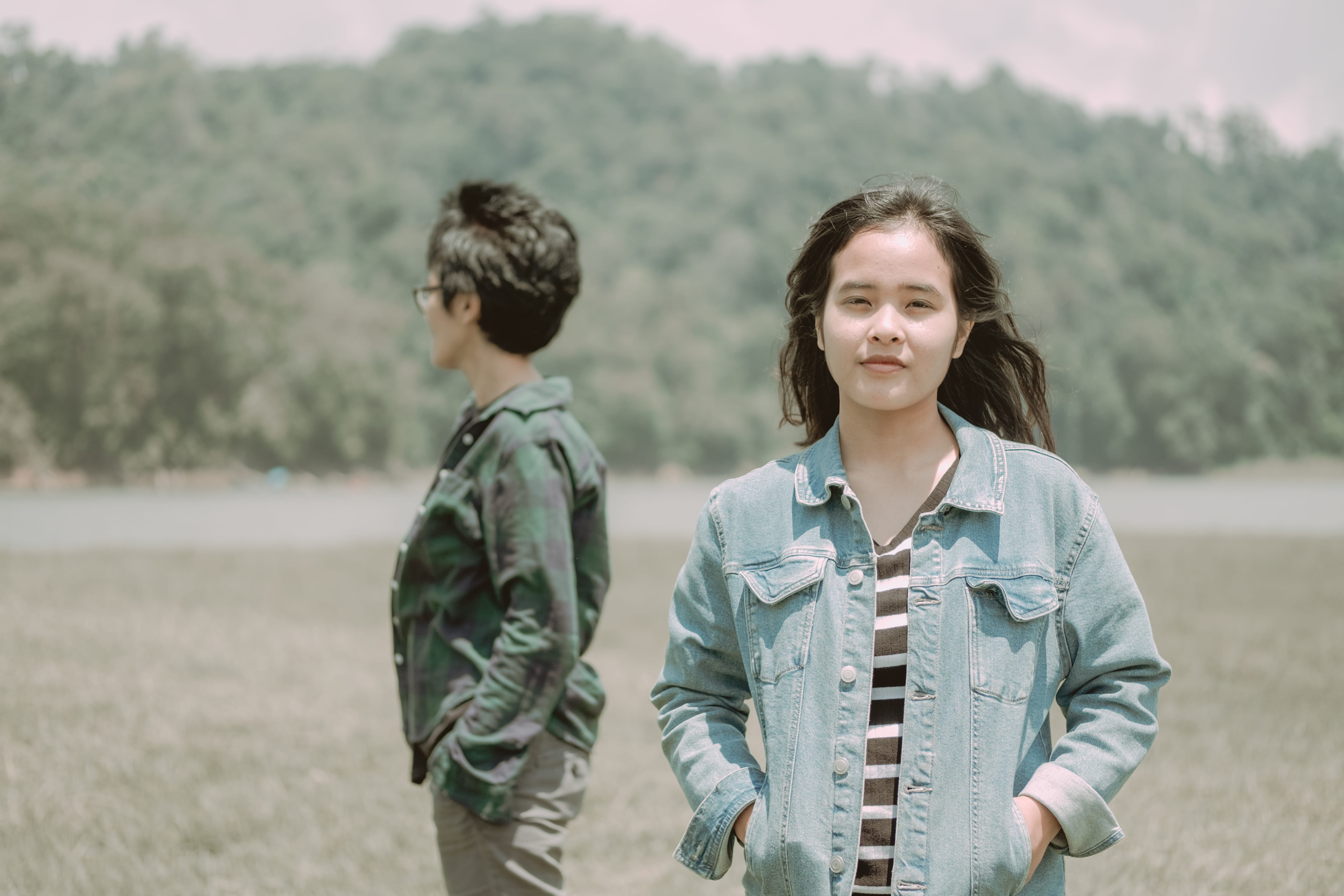 three quarter length, teenager, girls, two people, potraits, togetherness, ciwidey, trees, indonesia, outdoors, lake, men, casual clothing, day, forest, HD Wallpaper