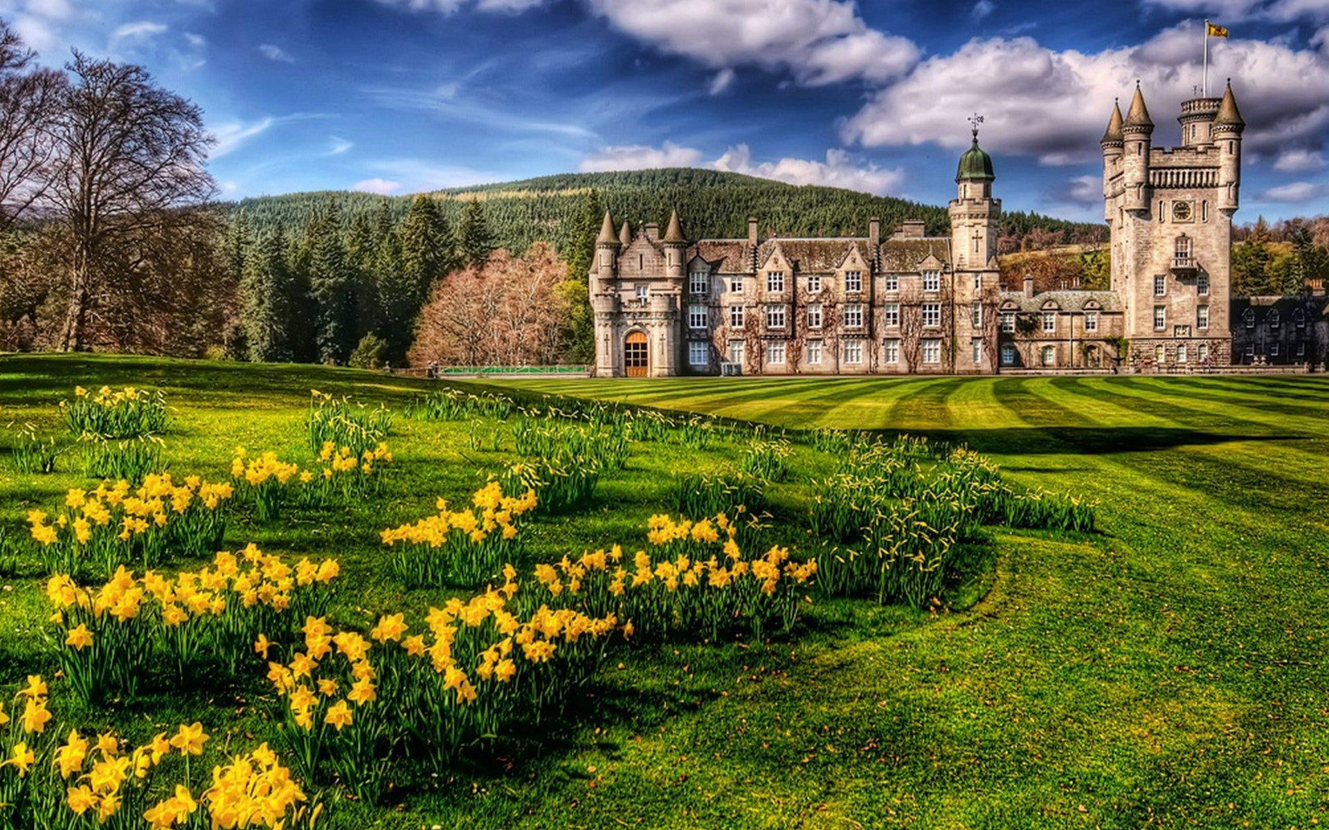 forest, nature and landscapes, 1080P, hdr, clouds, castle, balmoral, flowers, grass, HD Wallpaper