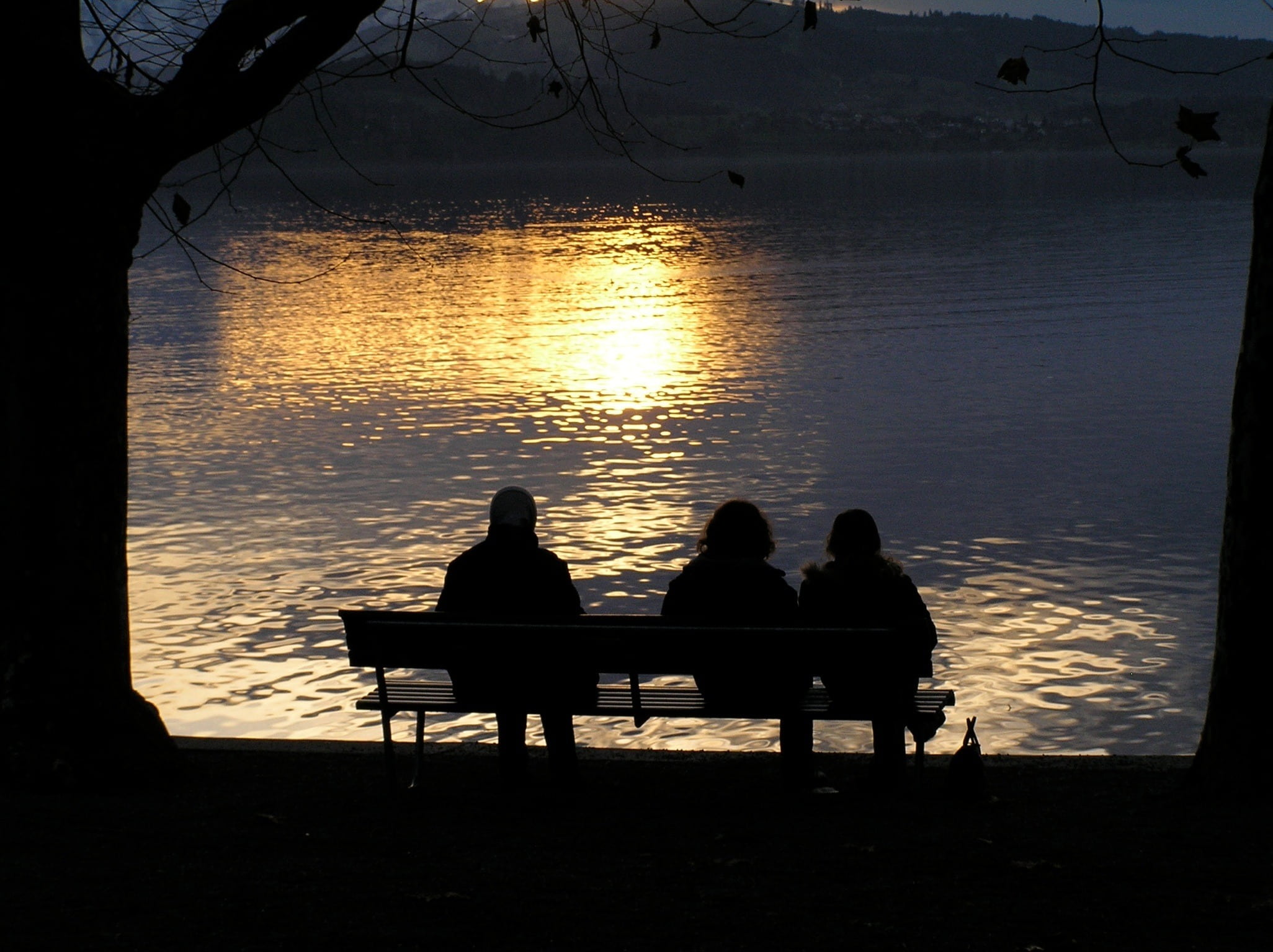 adult, relaxation, three, near, rest, silhouette, leisure activity, positive emotion, bank, women, beauty in nature, seat, in the evening, togetherness, HD Wallpaper