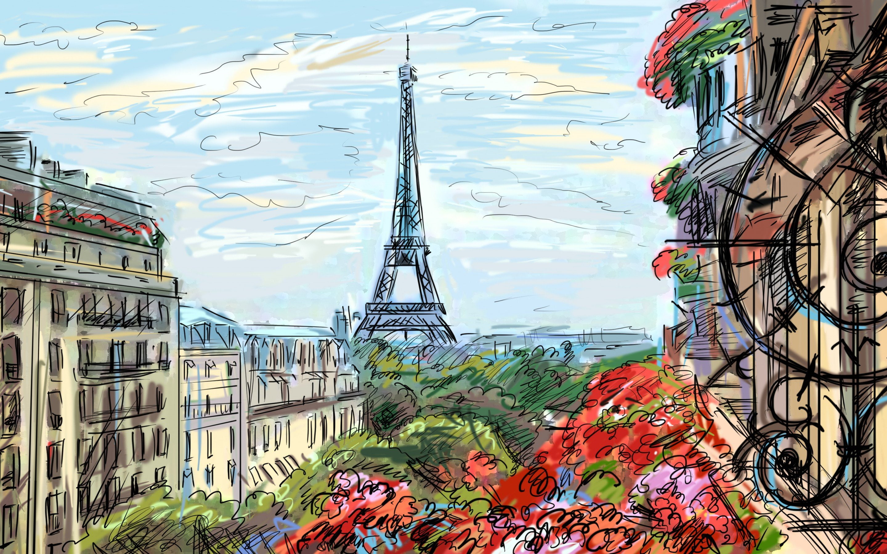 2K, france, painting, artwork, houses, clouds, sky, art, french, tower, eiffel, paris, HD Wallpaper