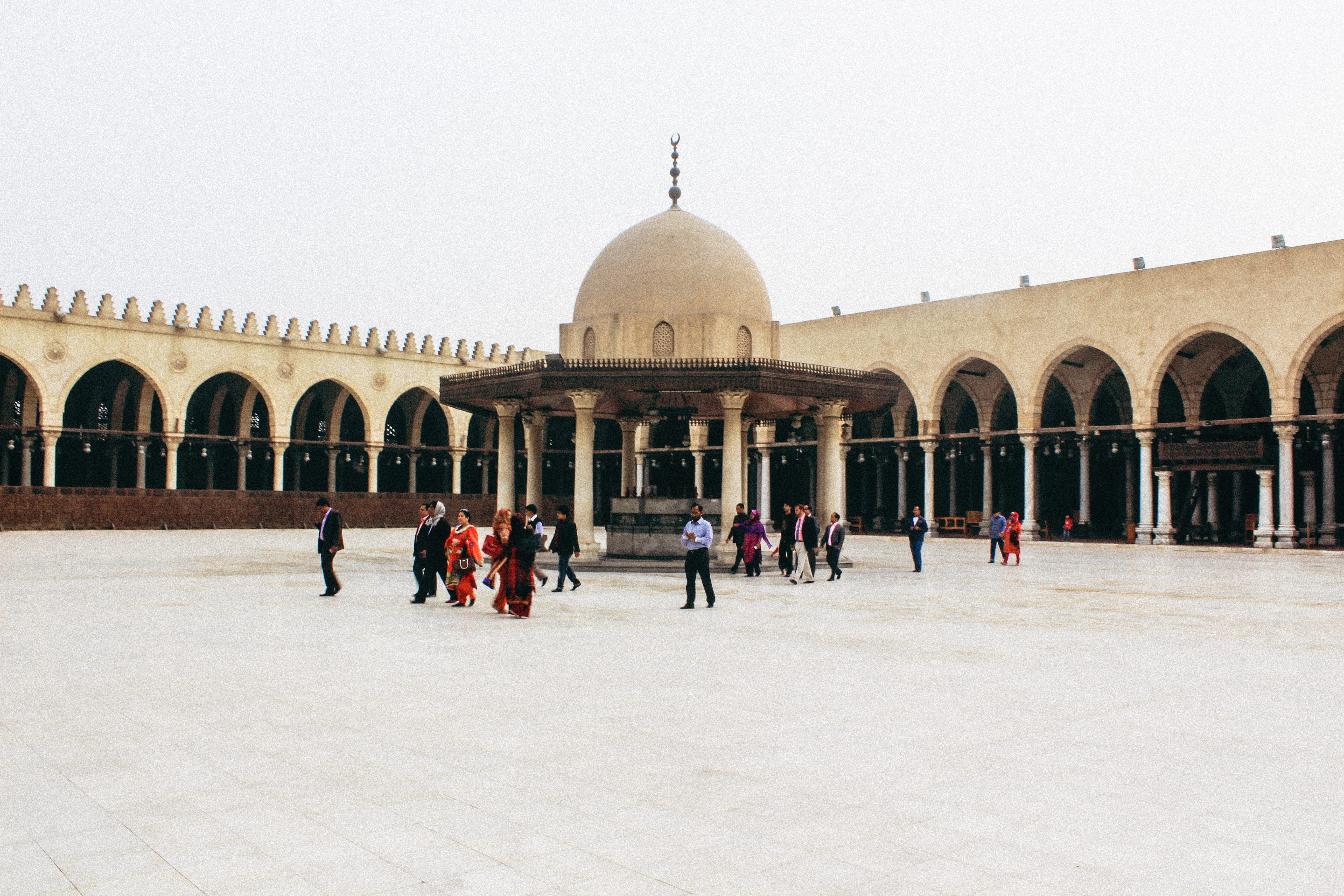 clear sky, history, courtyard, tourists, religions, egypt, crowd, building, people, travel, 5K, group of people, architecture, religion, masjid amr ibn el aas, HD Wallpaper