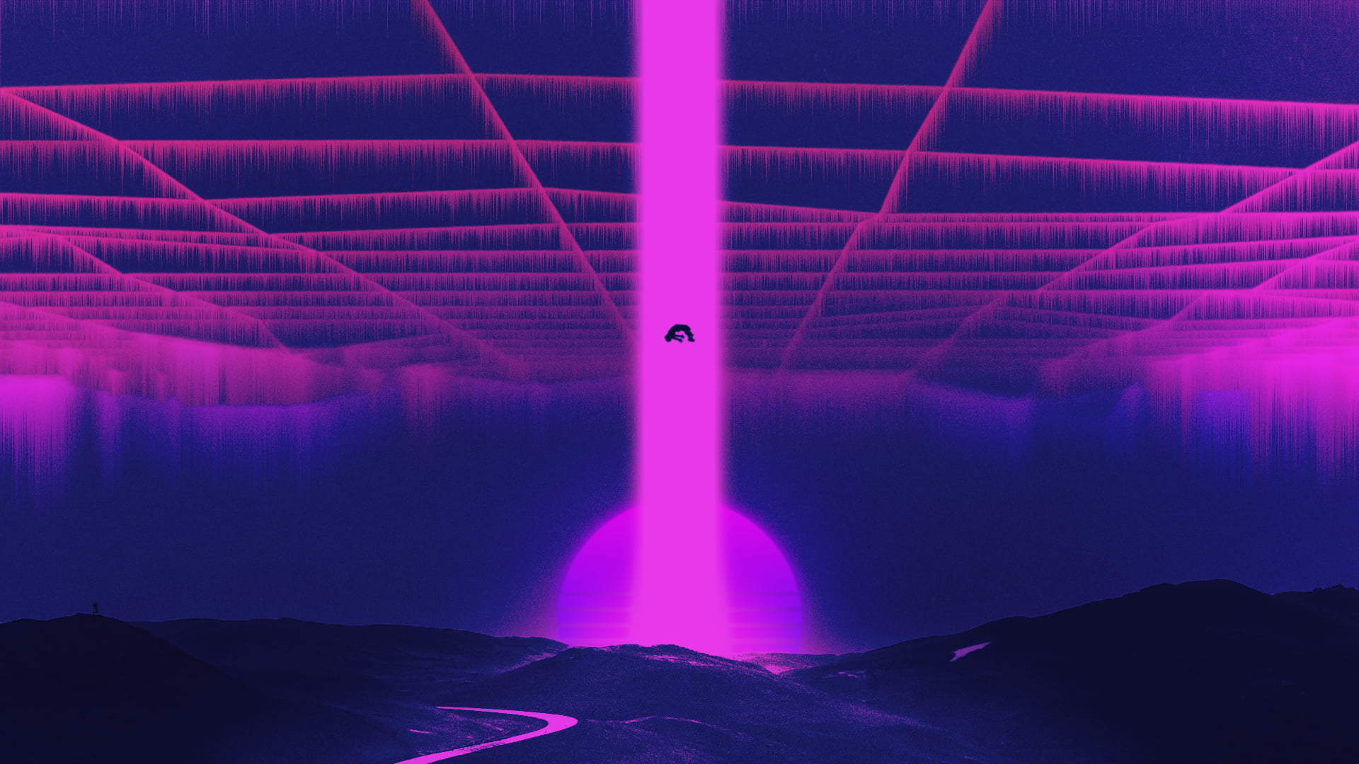 artwork, mountains, vaporwave, 1080P, Retrowave, beam, aliens, HD Wallpaper