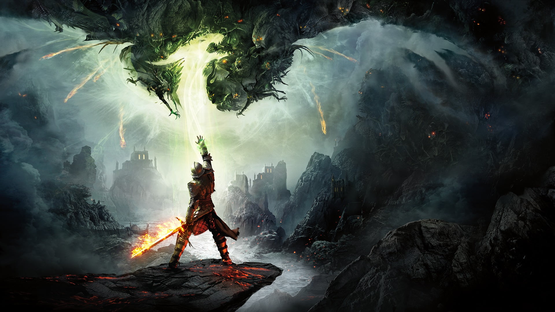 magic, holding, landscape, waterfall, beauty in nature, Dragon Age Inquisition, rock - object, water, the game, forest, solid, warrior, travel, HD Wallpaper