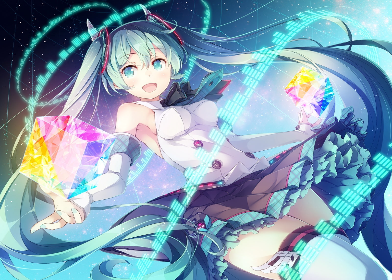 composite image, 720P, multi colored, futuristic, indoors, vocaloid, one person, women, glowing, lifestyles, young adult, technology, young women, twintails, HD Wallpaper