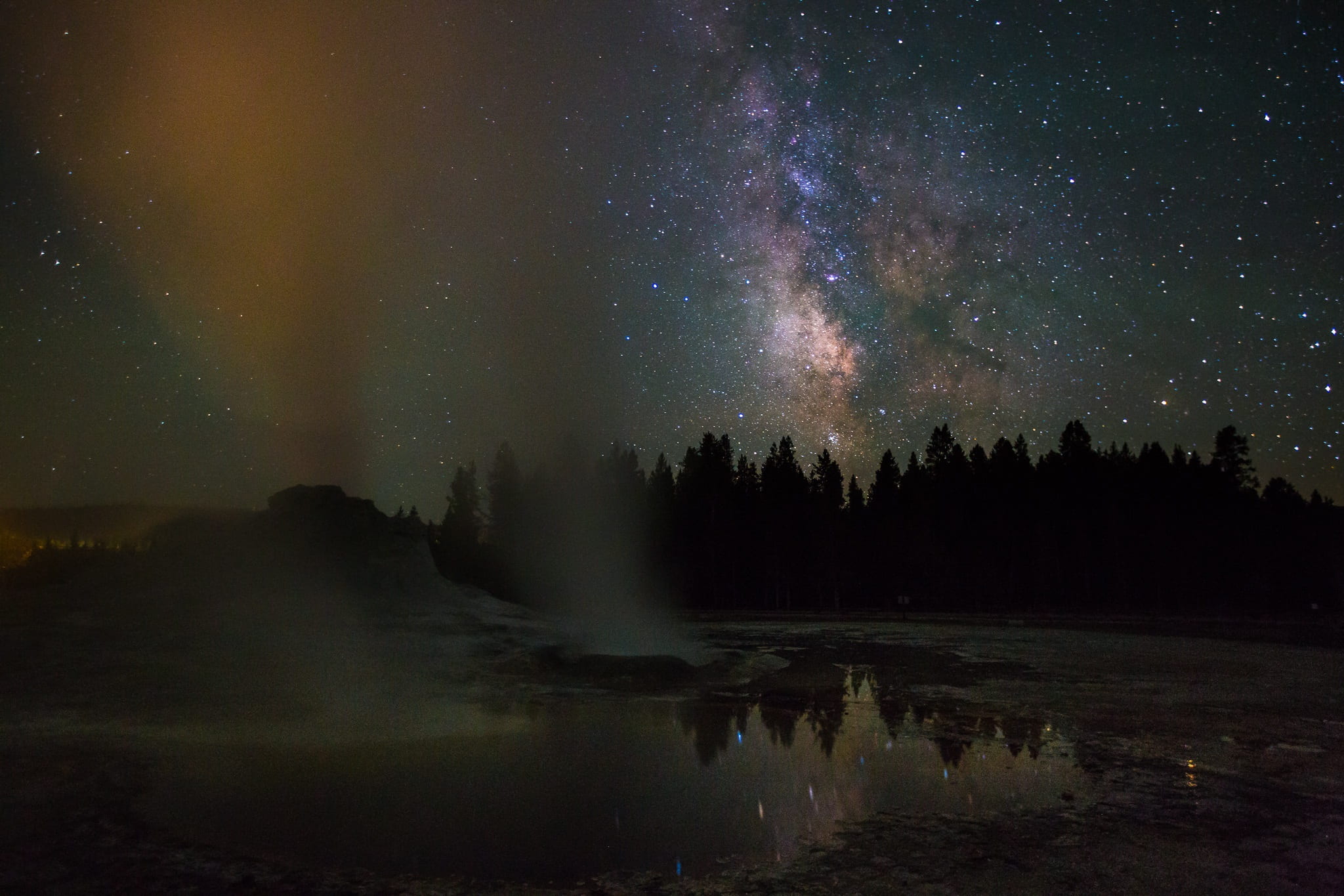 decor, water, steam, space and astronomy, castle geyser, sparkle, nature, yellowstone national park, dark, reflection lake, landscape, astronomy, usa, tranquility, HD Wallpaper