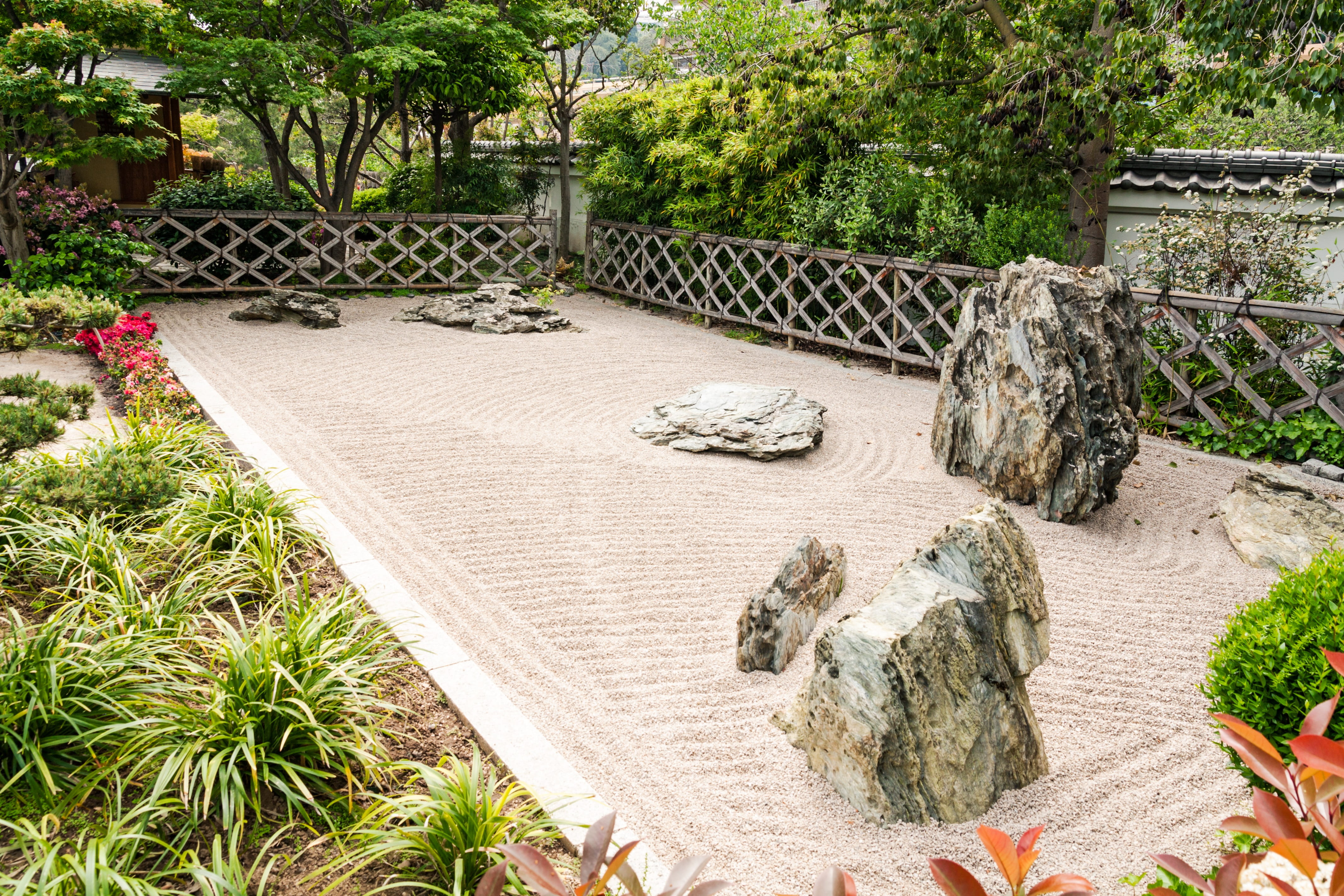 stones, natural, no people, sand, rock - object, formal garden, tranquility, day, plant, sunlight, tree, solid, color, spring, wood, gravel, green color, HD Wallpaper