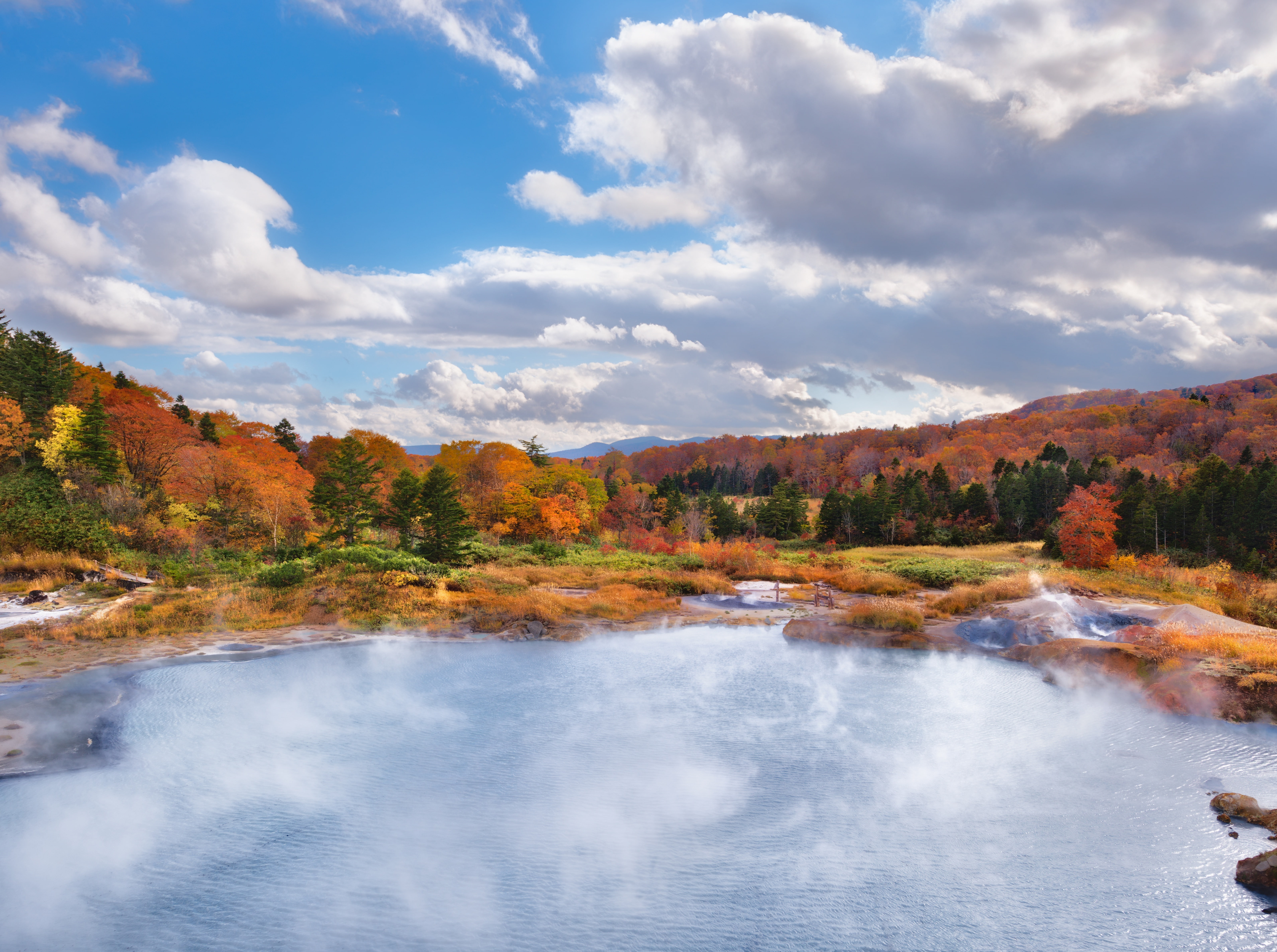 Autumn, land, goshogakeonsen, change, tree, scenics - nature, body, plant, lake, onsen, Landscape, Asia, day, hot springs, water, Tohoku, Colorful, 5K, HD Wallpaper