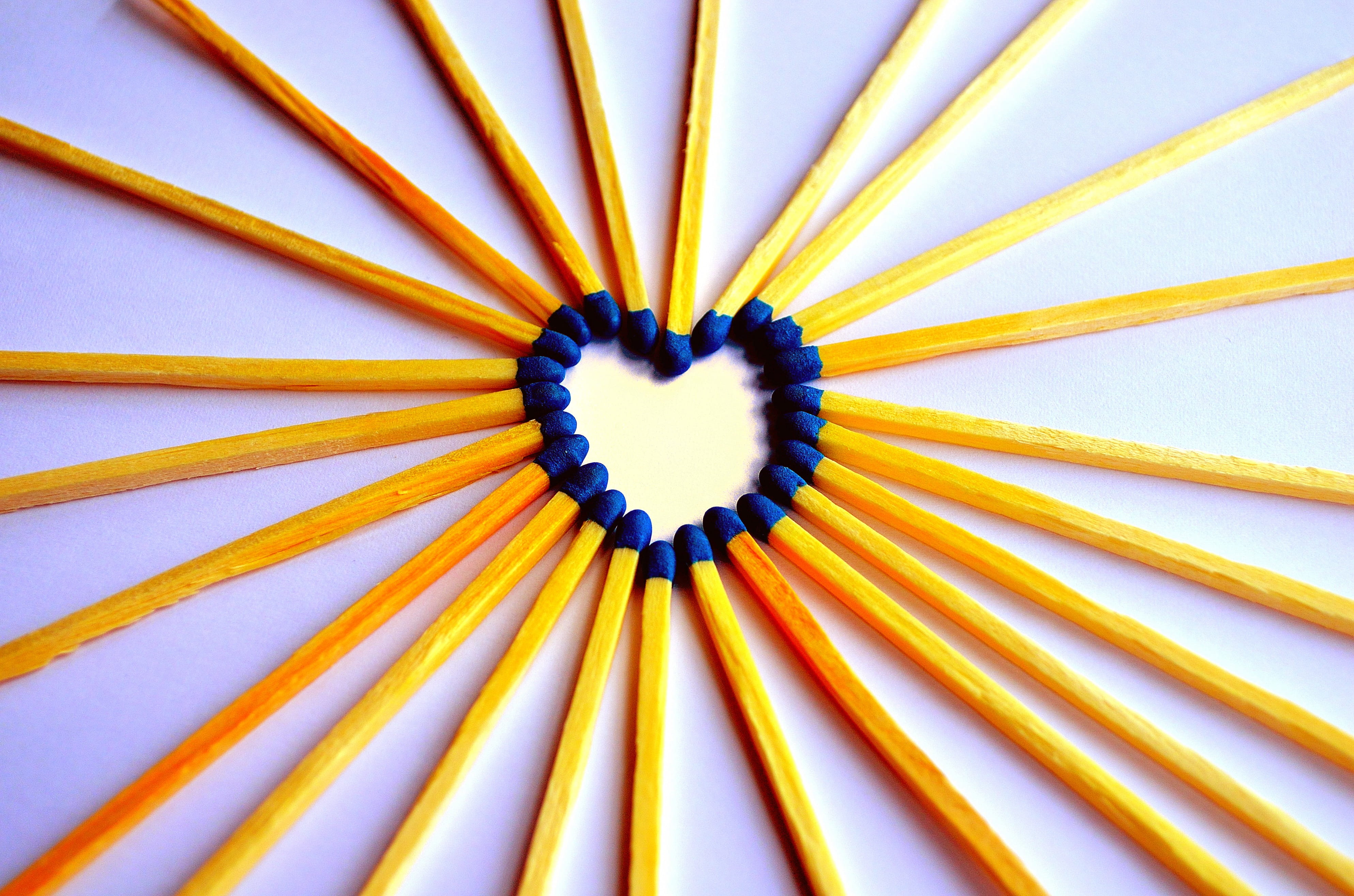 heat, matchstick, studio shot, no People, yellow, Heart, digital, 4K, creativity, backgrounds, fire, directly above, valentine, pattern, pencil, arrangement, HD Wallpaper