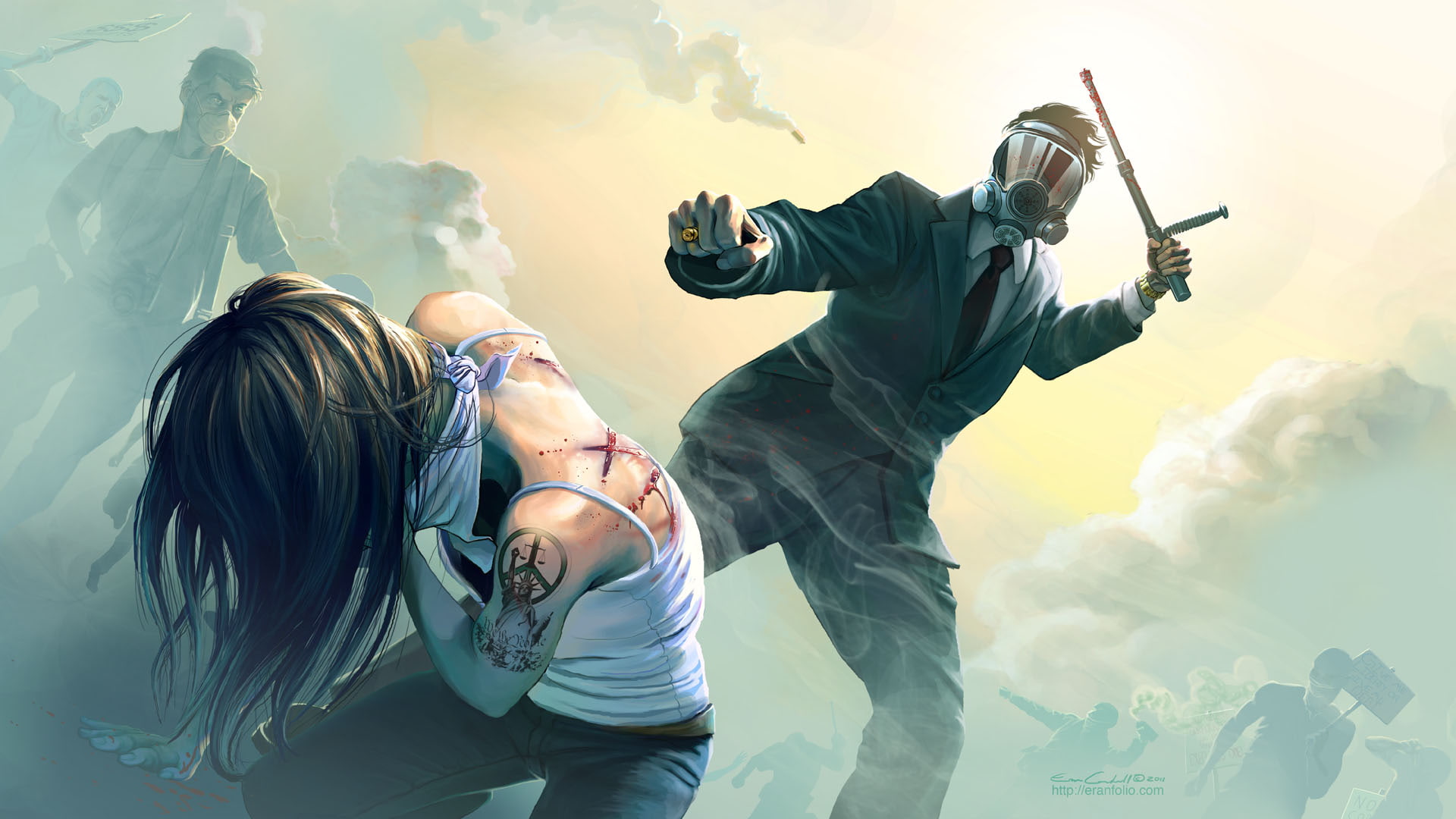 mask, dark, anarchy, gas, 1080P, women, weapon, violence, horror, sorrow, blood, sad, HD Wallpaper
