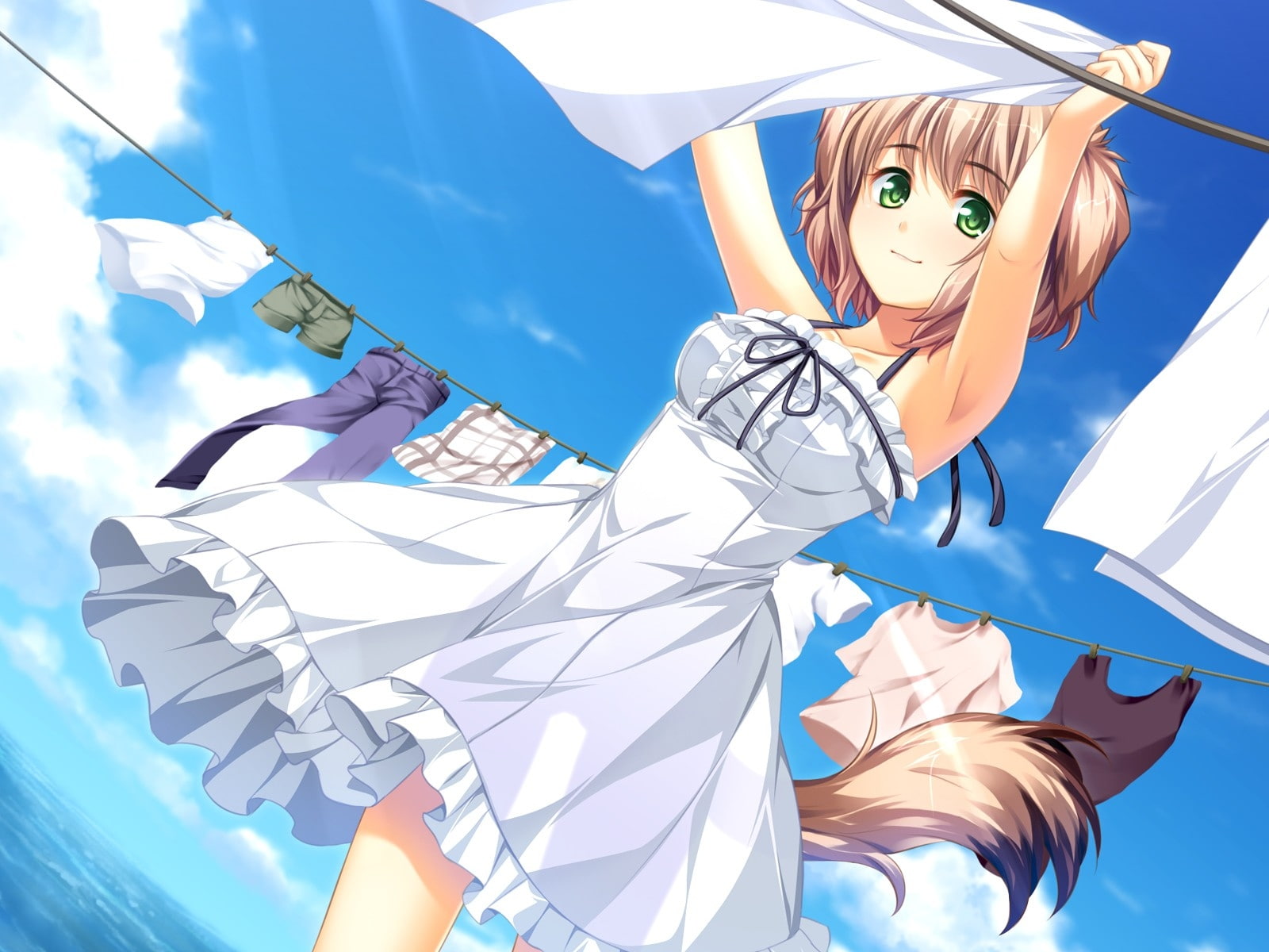 anime, game, hd, tails, ears, Dress, green eyes, animal ears, art, eyes, girls, 720P, d, kobato, green, summer, cg, animal, abstract, HD Wallpaper