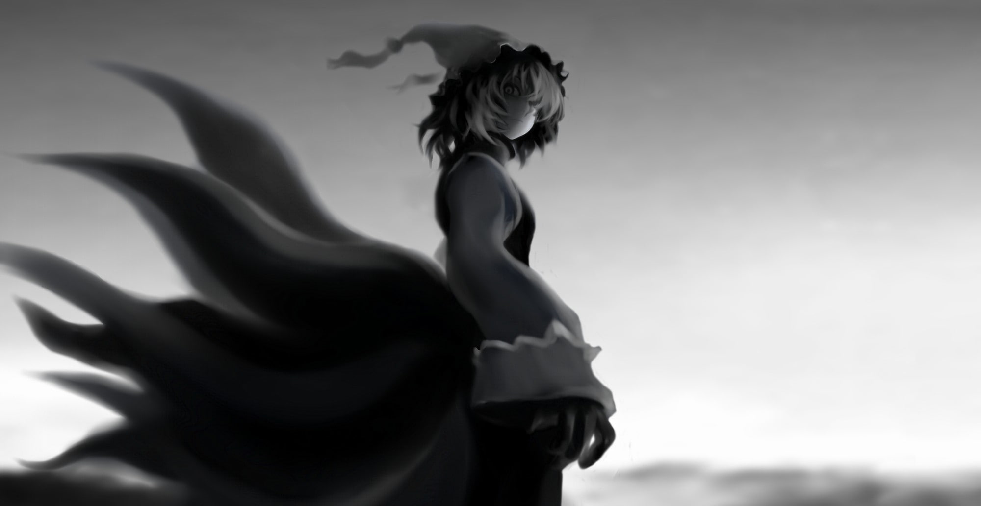 girls, Yakumo Ran, ears, Touhou, yakumo, ran, 1080P, short hair, art, hd, hair, kitsunemimi, short, animal, anime, tails, hats, fox, monochrome, animal, HD Wallpaper