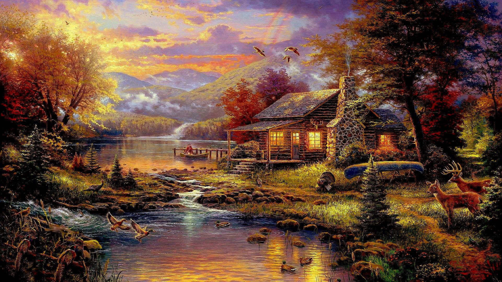life, 1080P, paintings, country, house, lake, animals, HD Wallpaper