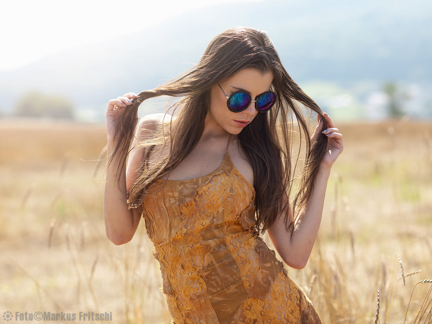 long hair, Markus Fritschi, glasses, fashion, beautiful people, model, adult, beauty, hairstyle, sunglasses, 720P, freedom, brown hair, field, beautiful woman, HD Wallpaper