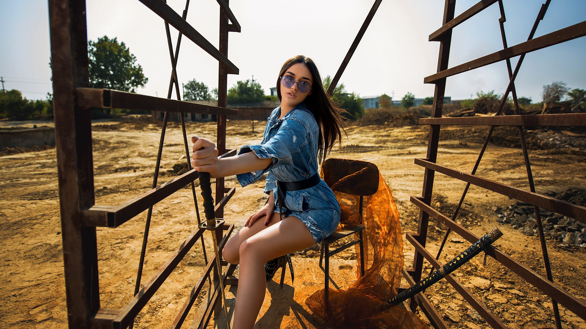 1080P, sunglasses, high heels, women outdoors, brunette, women with shades, denim, chair, portrait, sitting, women, HD Wallpaper