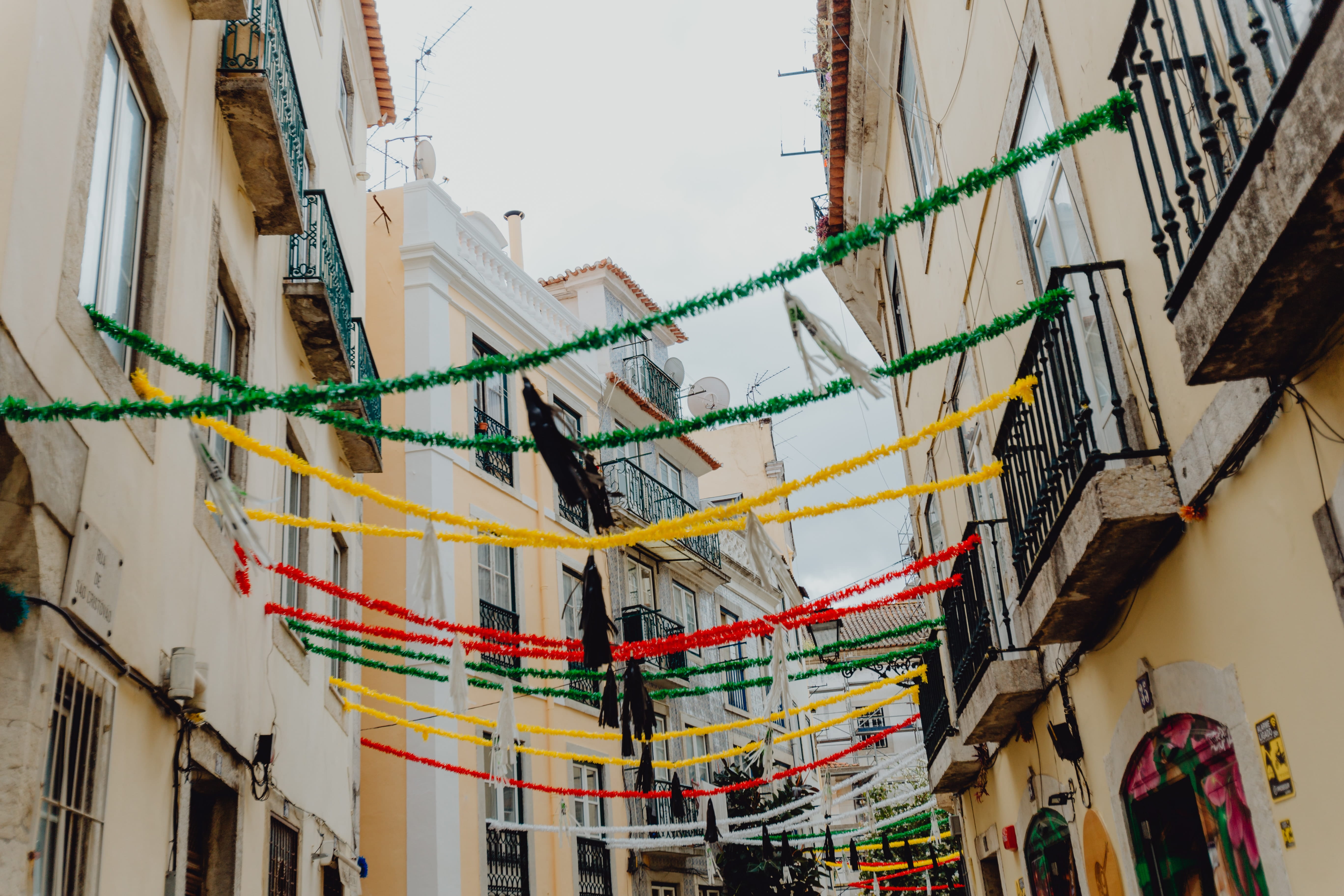 outdoors, sky, power supply, downtown, nature, built structure, multi colored, decorations, june, Europe, travel, Saint Anthony, decorated, festival, town, HD Wallpaper