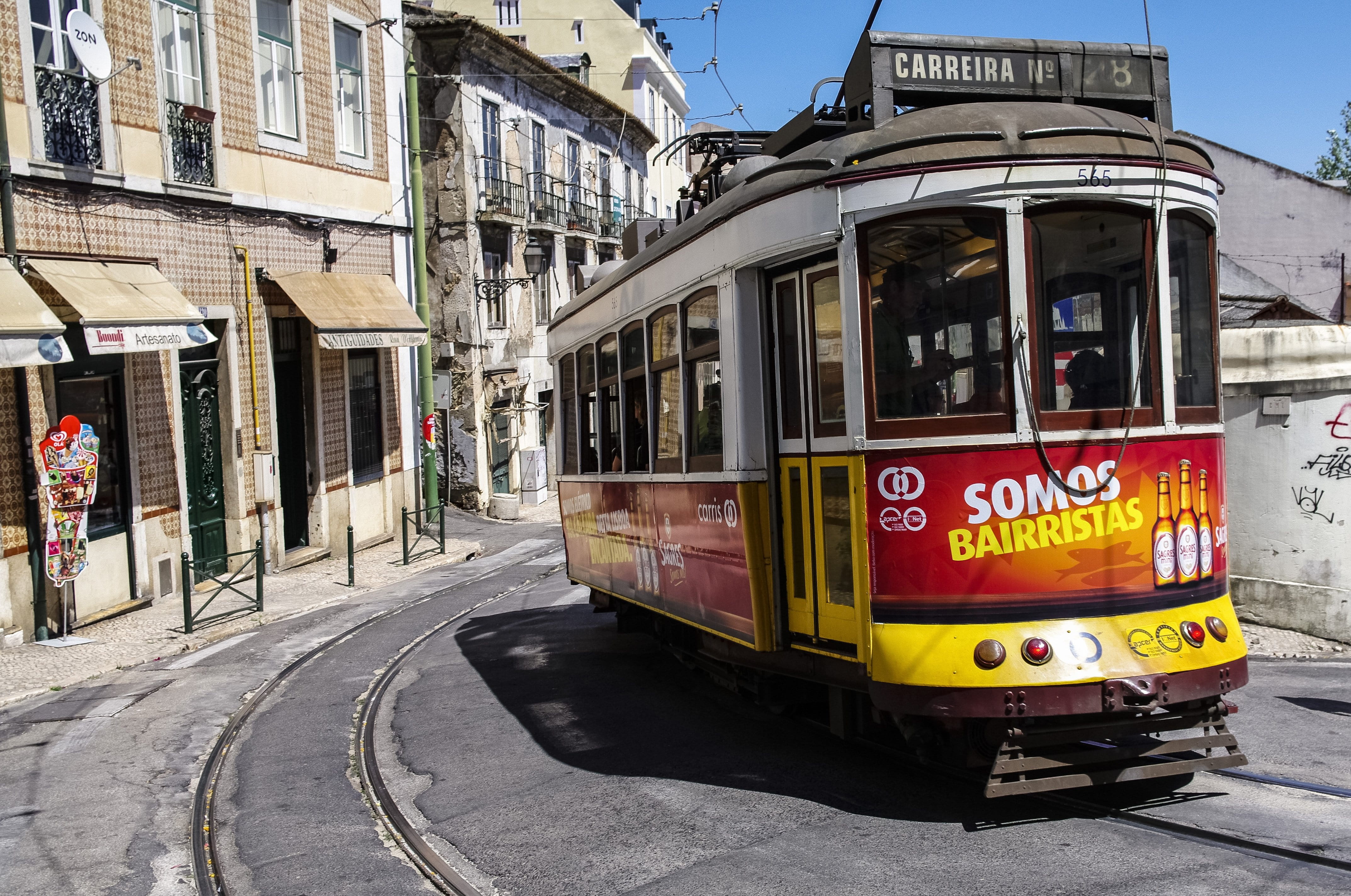 alfama, land vehicle, lisbon, street, 4K, outdoors, track, building exterior, road, text, built structure, cable car, transportation, old, day, architecture, HD Wallpaper