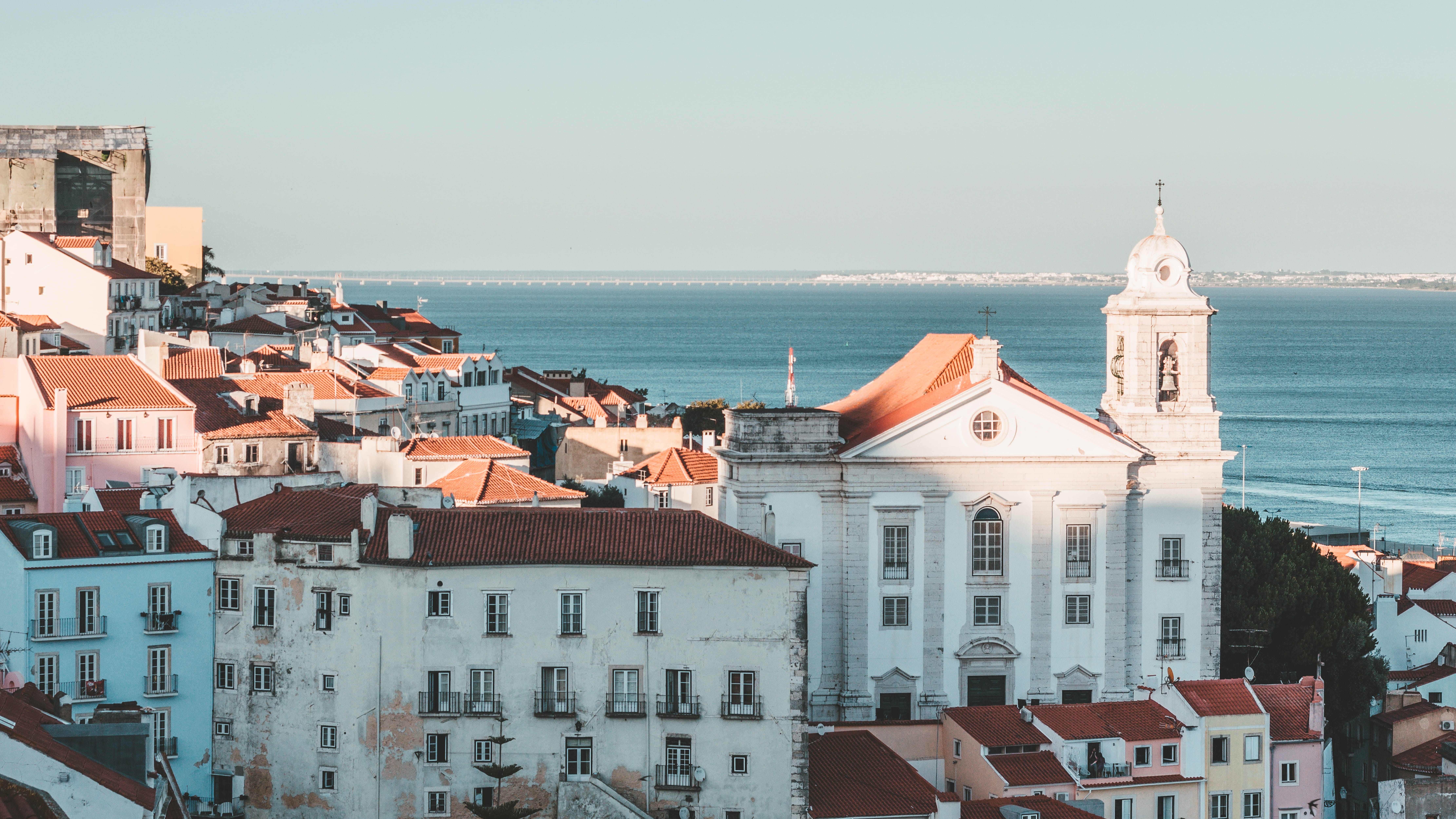 urban, tower, architecture, 8K, spire, santa luzia, place of worship, alfama, neighborhood, no people, sky, metropolis, outdoors, buildings, roof, aerial, HD Wallpaper