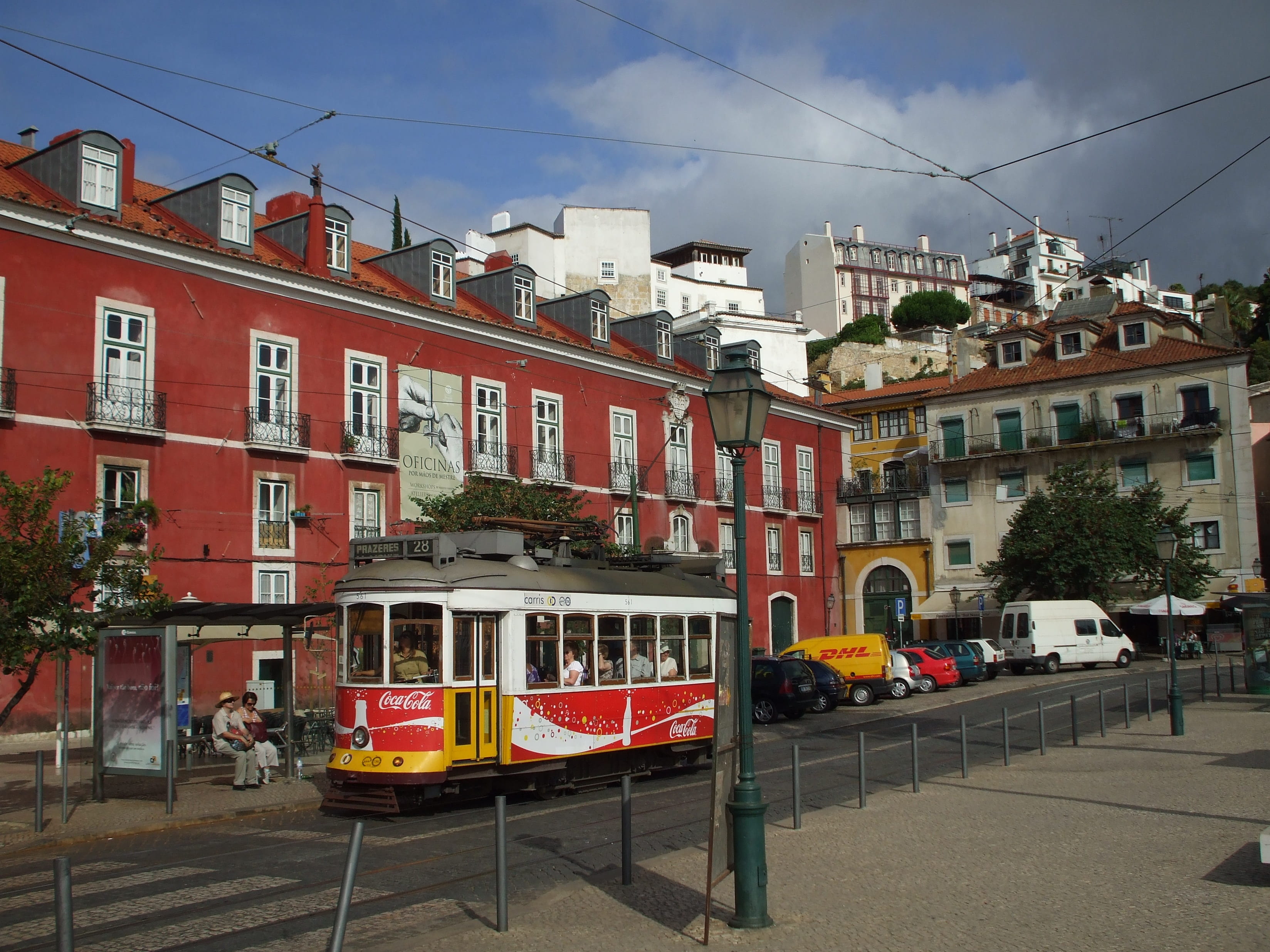 car, residential district, built structure, lisbon, tram, 2K, building exterior, track, alfama, day, city street, land vehicle, road, cloud - sky, street, HD Wallpaper