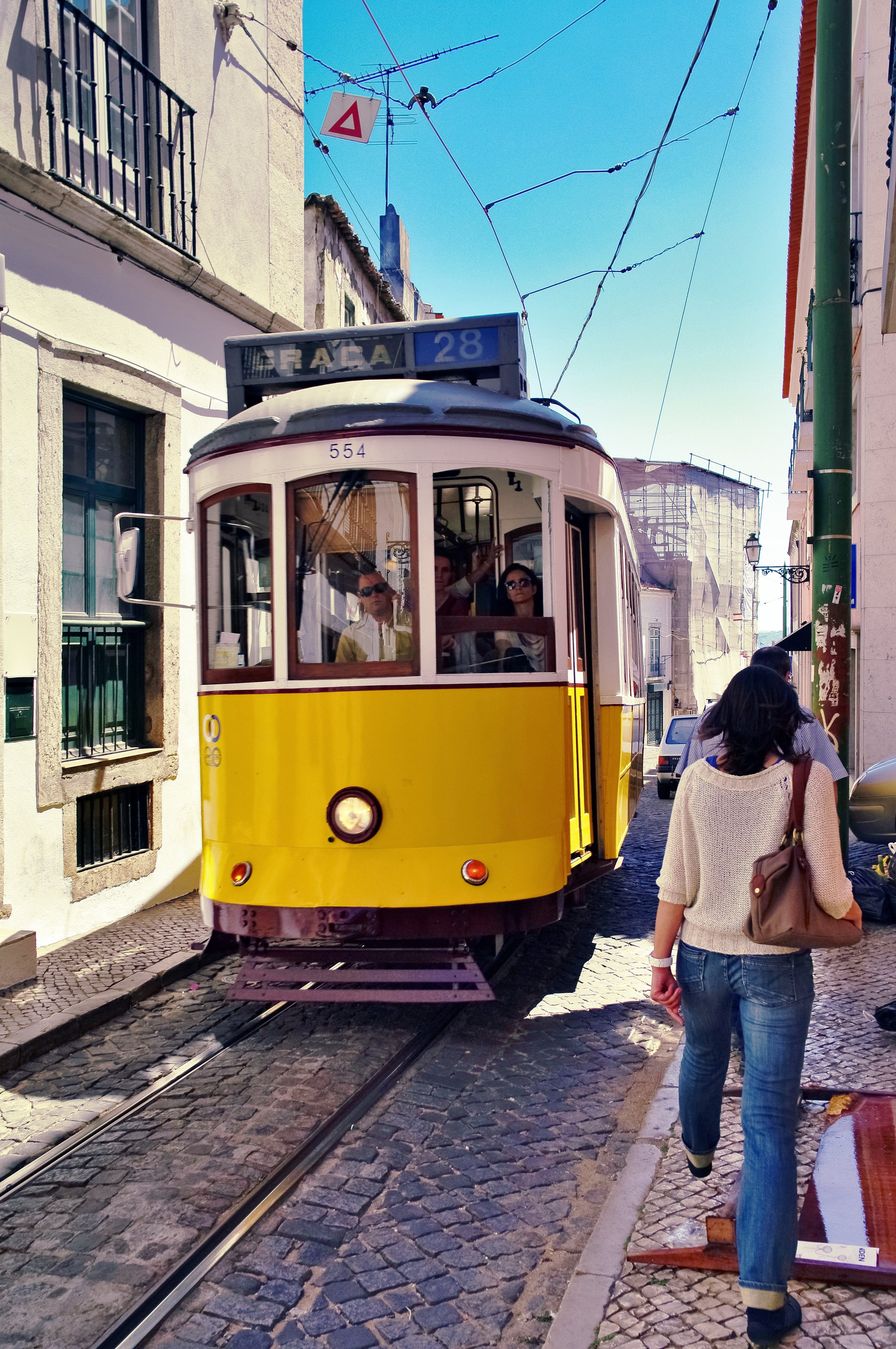 track, alfama, public transportation, railroad track, rail transportation, real people, sky, built structure, lisbon, outdoors, lifestyles, tram, people, Phone HD Wallpaper