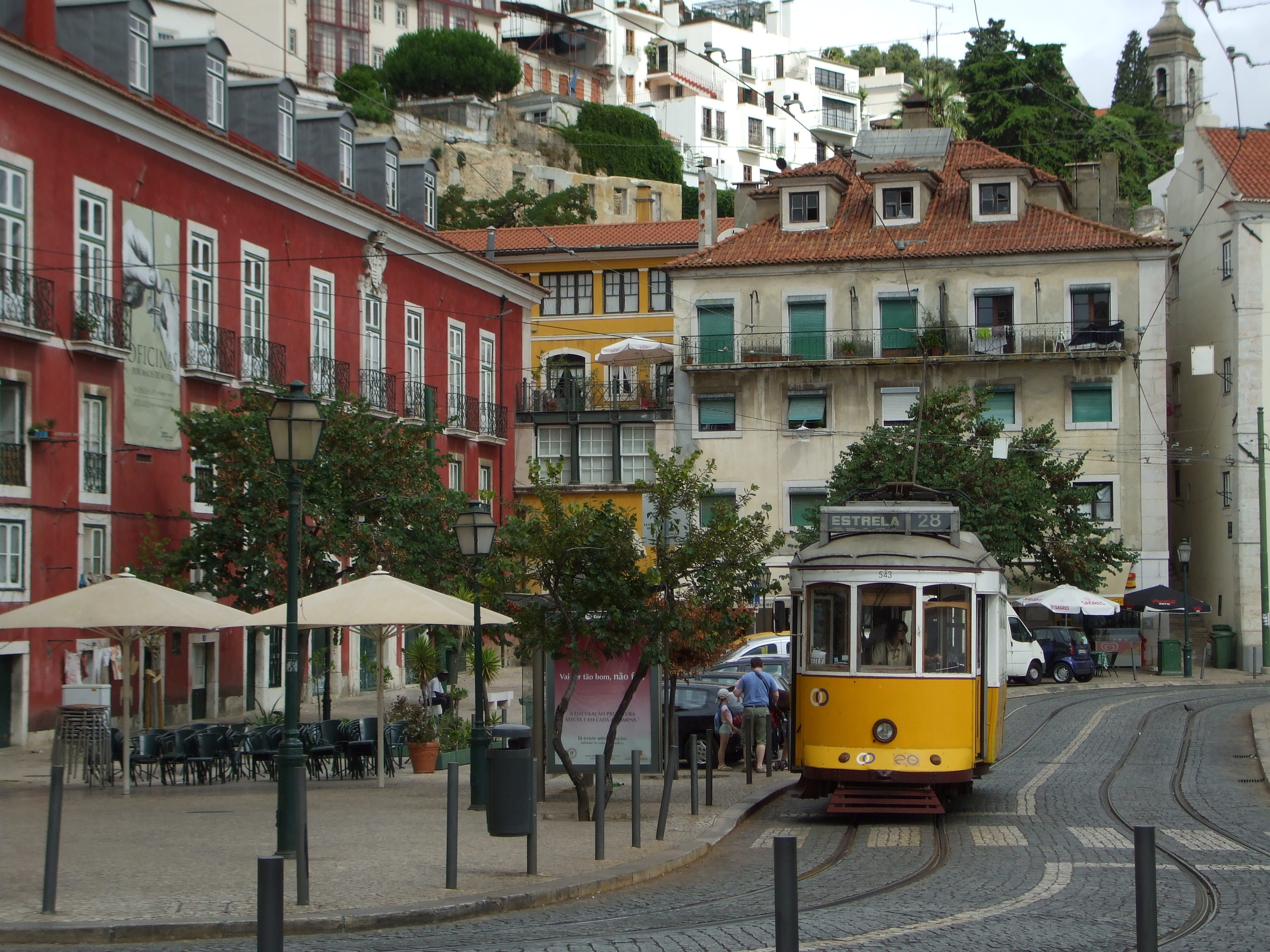residential district, city, Portugal, motor vehicle, building exterior, railroad track, public transportation, 2K, outdoors, street, architecture, track, HD Wallpaper