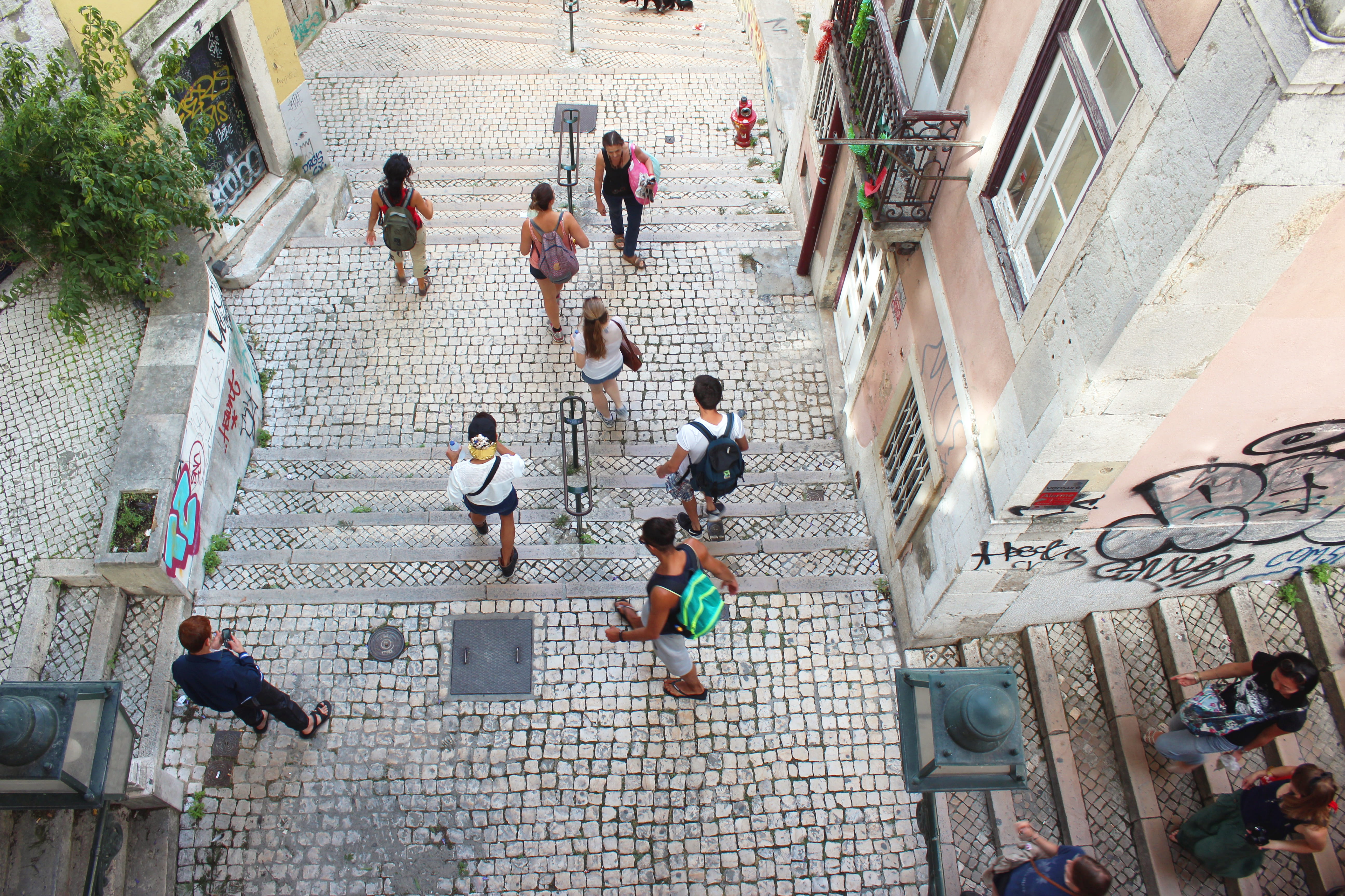 group of people, staircase, 5K, lisbon, grafitti, men, steps and staircases, women, building, leisure activity, crowd, day, outdoors, lisbonne, built structure, HD Wallpaper