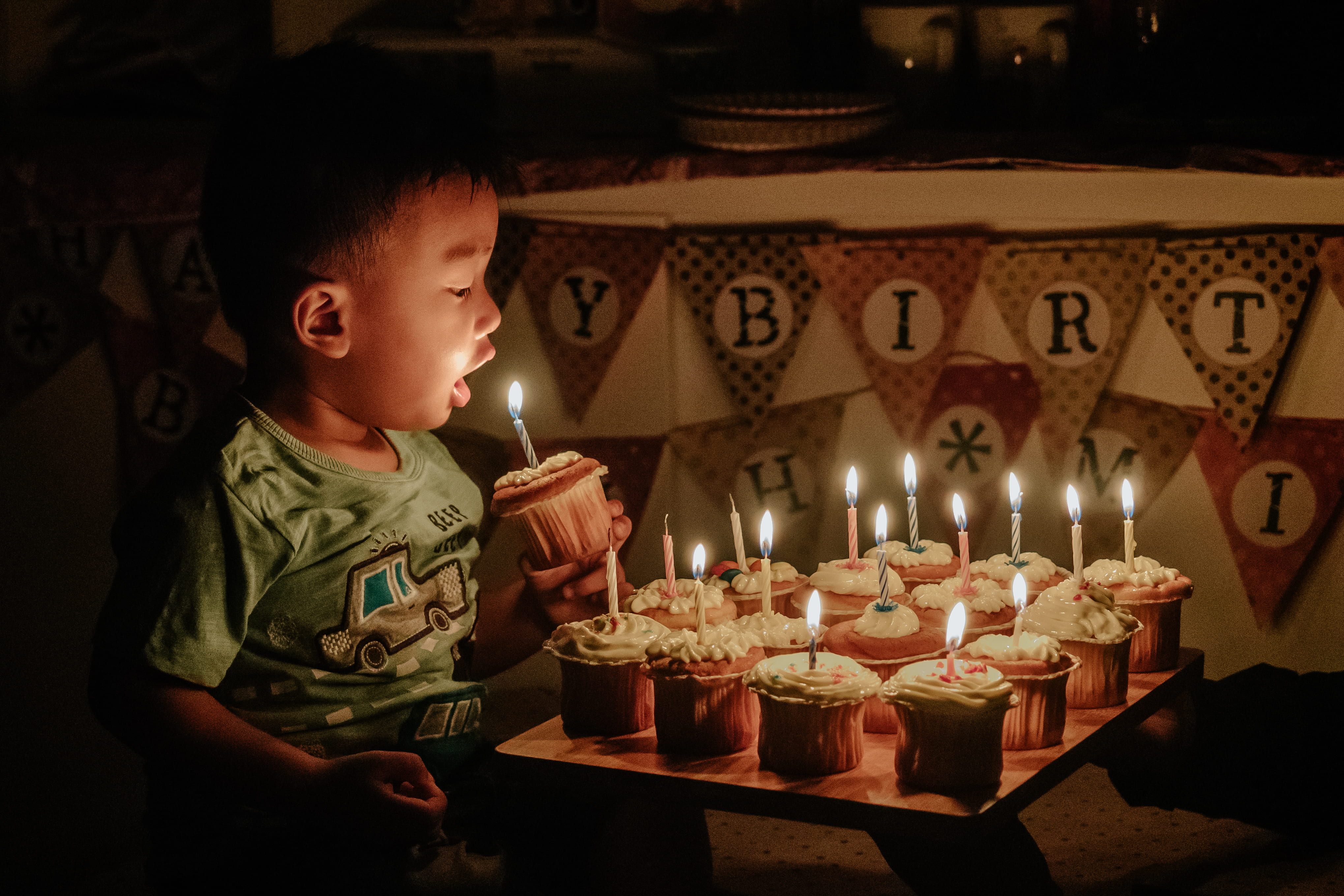 indoors, boy, birthday candles, sweet food, cupcake, banner, men, face, illuminated, males, food and drink, person, toddler, flame, born, birthday cake, HD Wallpaper