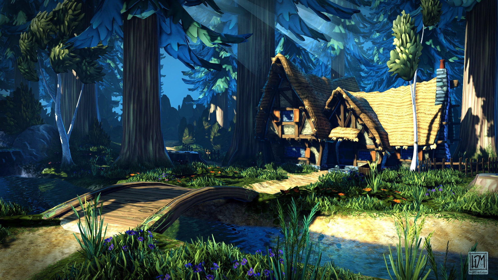 Dwarfs Cottage, stream, forest, house, bridge, 1080P, HD Wallpaper