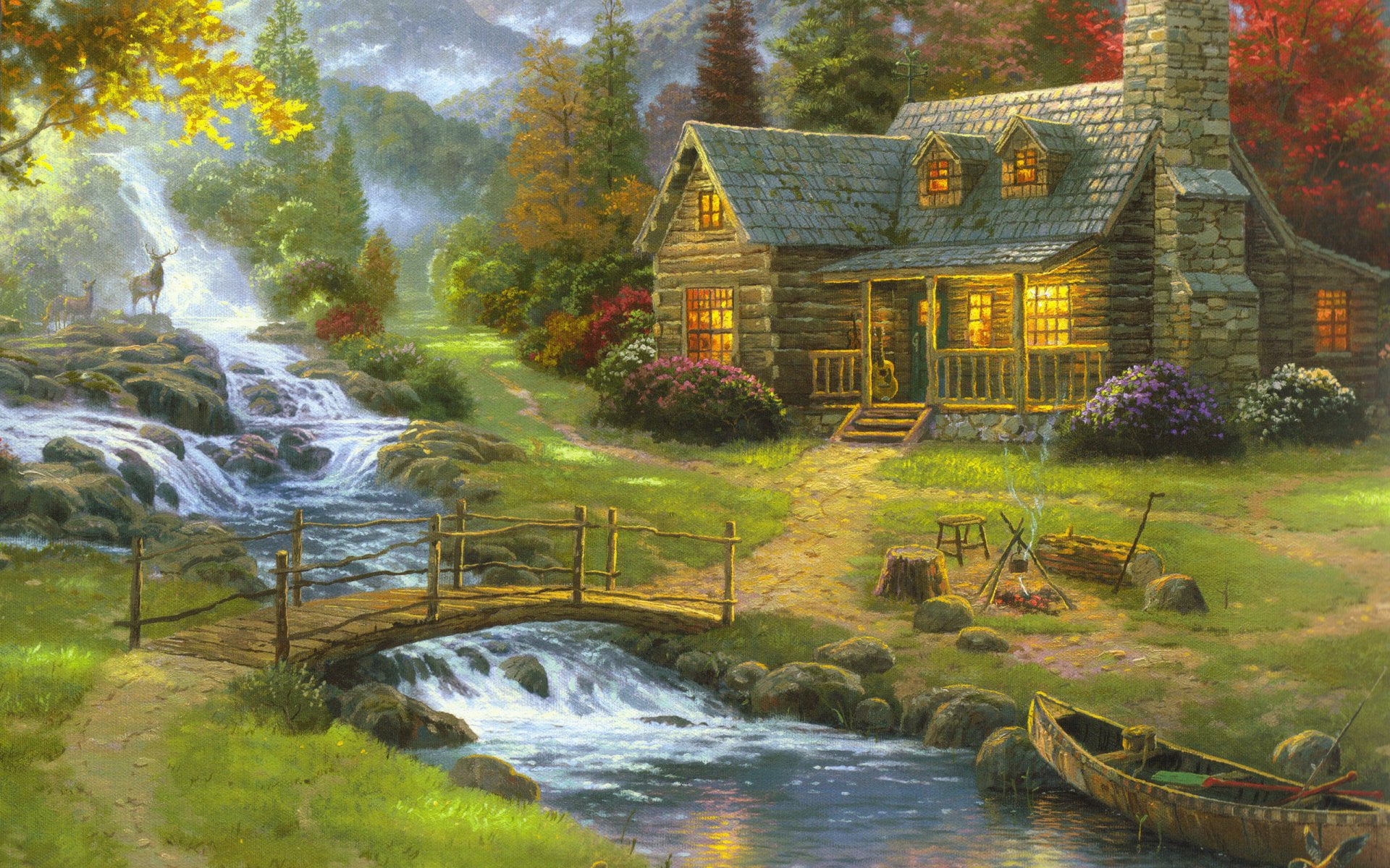 long exposure, Painting, Cottage, building, House, scenics - nature, Deer, Canoe, Artistic, day, motion, brown, nature, Bridge, water, plant, Mountain, HD Wallpaper