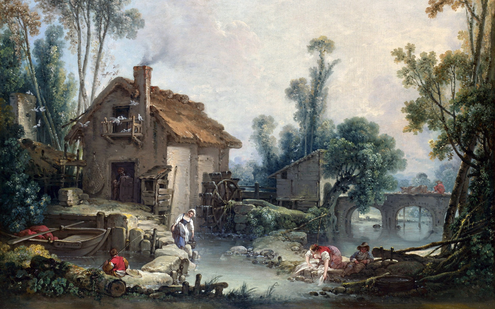 smoke - physical structure, city, men, water, lifestyles, history, people, plant, architecture, building, built structure, 1080P, painting cottage mill stream chimneys bridge arch boat fishing classic art, HD Wallpaper