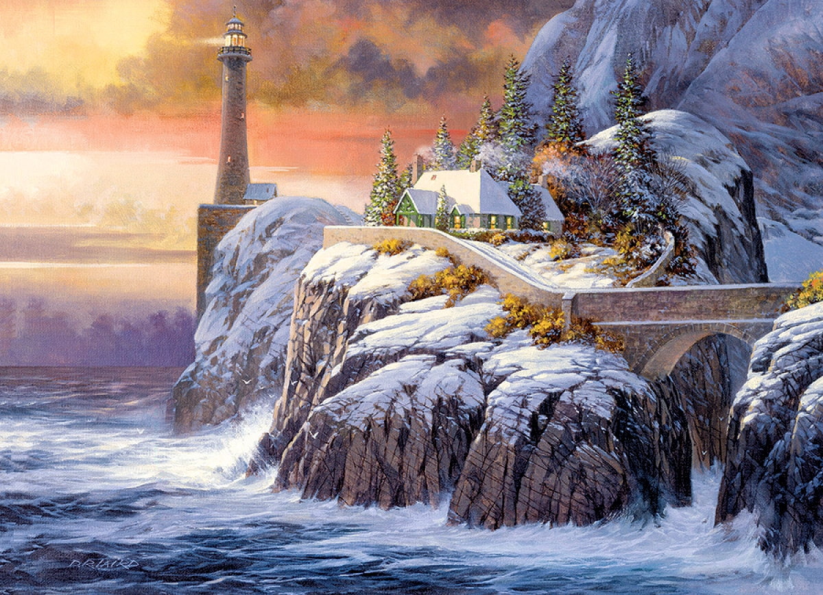 nature, sunset, mountains, flowing, flowing water, architecture, plant, colors, cliff, clouds, winter, cottage, water, bridge, snow, cold temperature, ice, HD Wallpaper