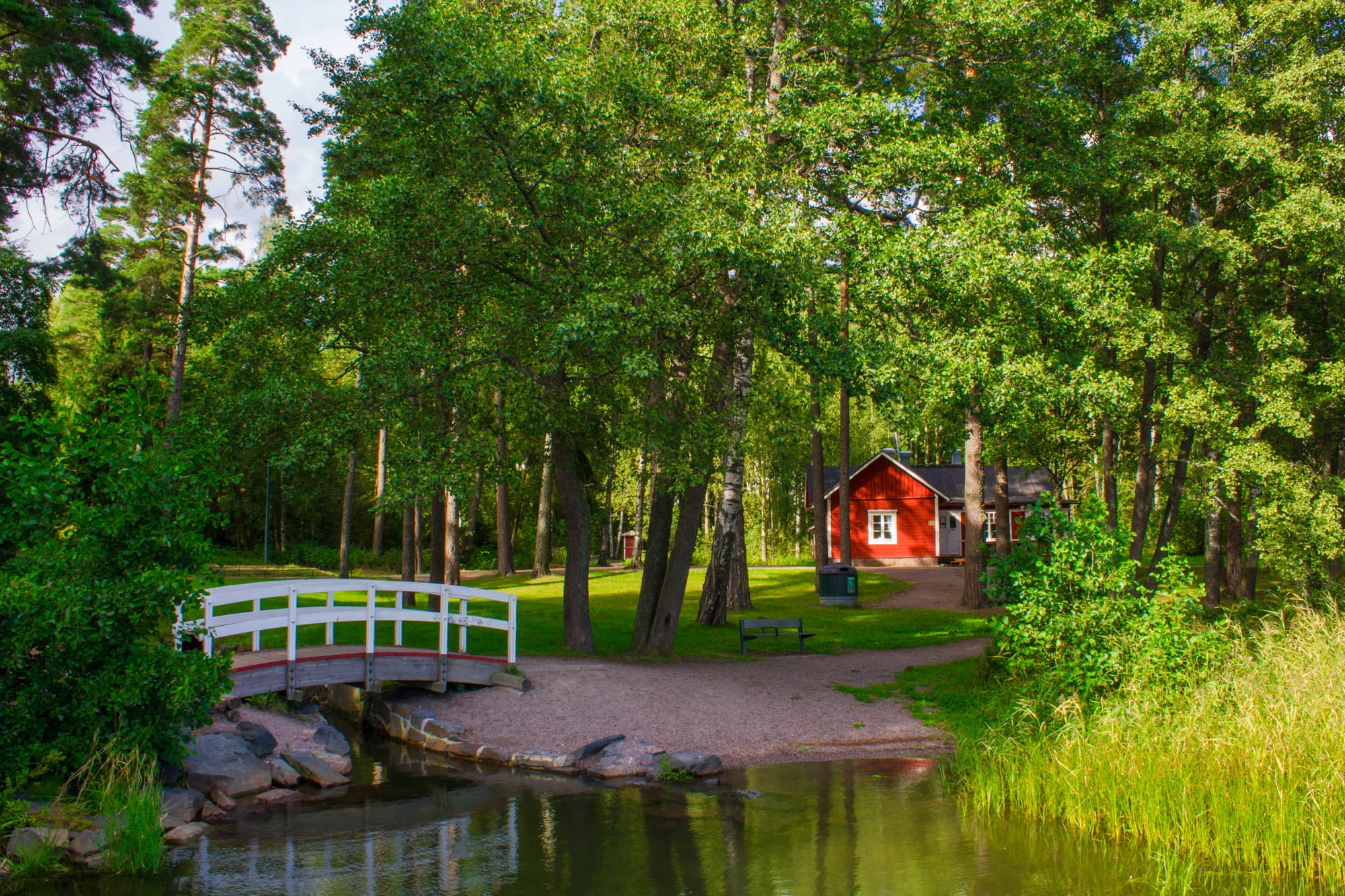 water, red, 1080P, wooden, surrounded, beauty in nature, green color, sunny day, land, white, day, tree, no people, countryside, farm, scenics - nature, HD Wallpaper