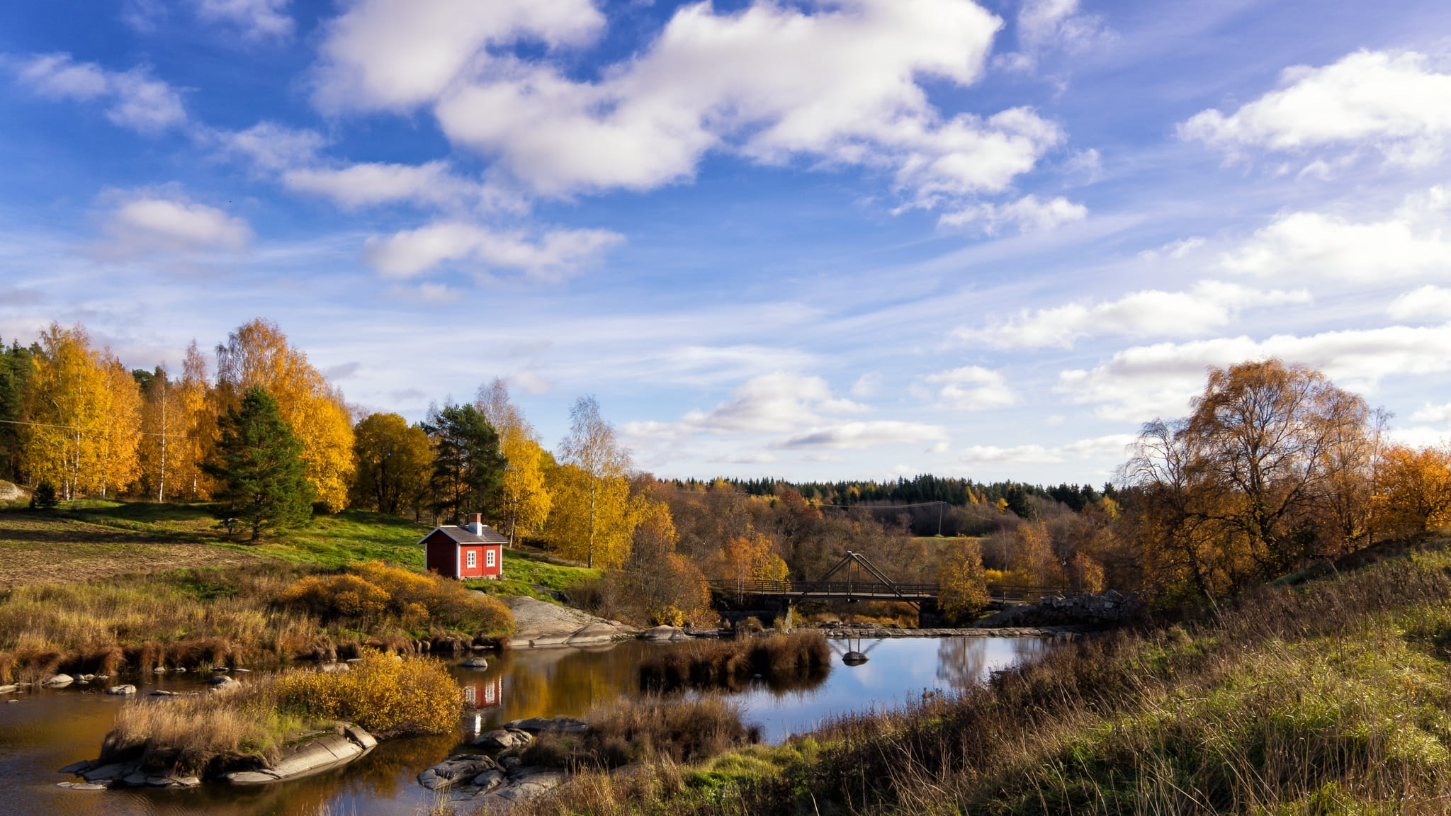 red, river, shed, hut, autumn, beside, cloud - sky, non-Urban Scene, day, 1080P, built structure, blue, growth, finland, forest, plant, scenics, reflection from the water, HD Wallpaper