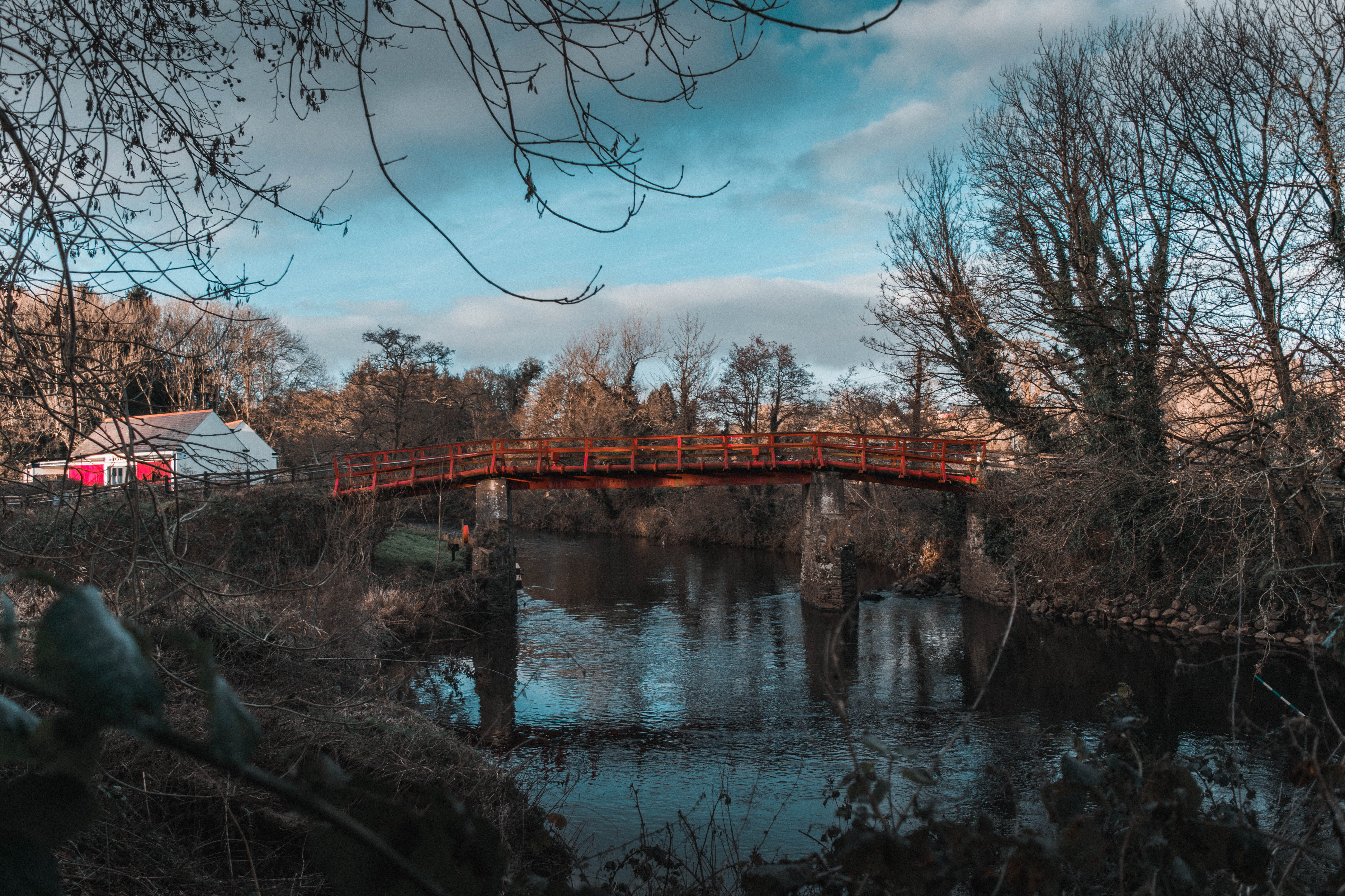 bare tree, architecture, autumn, sky, reflection, nature, building exterior, arch bridge, outdoors, bridge - man made structure, cloud, bridge, HD Wallpaper